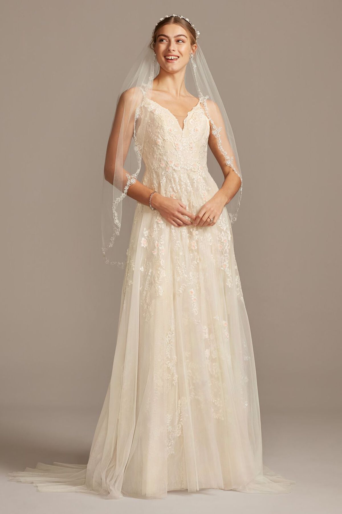 Vestido de novia l&iacute;nea A con aplicaciones florales, MARFIL CH, hi-res