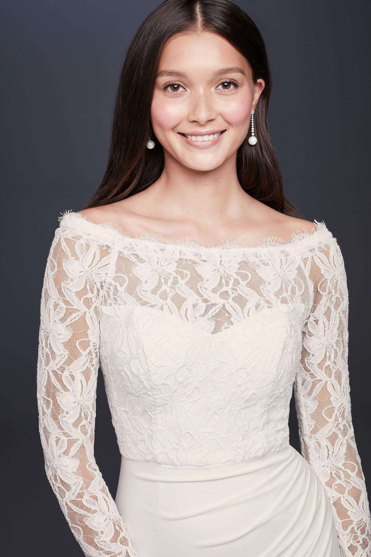 Vestido de novia recto con mangas largas de encaje al hombro, MARFIL, hi-res