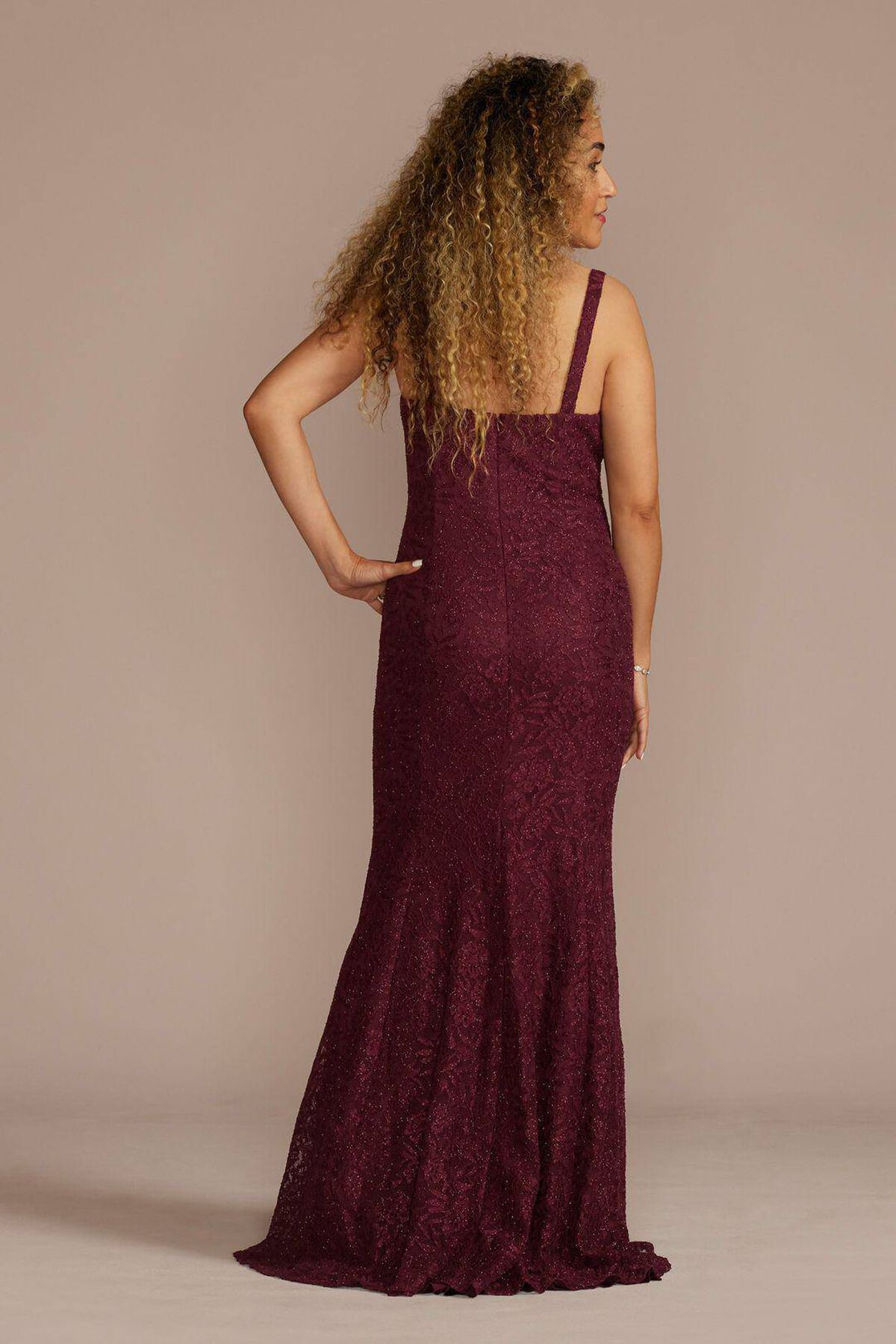 Vestido largo silueta sirena con bolero de encaje, VINO, hi-res