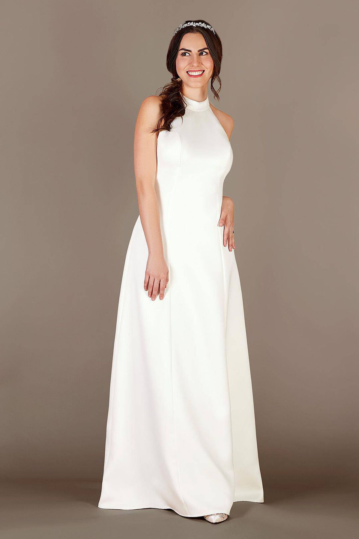 Vestido de novia halter con escote y mo&ntilde;o en espalda, BLANCO SUAVE, hi-res