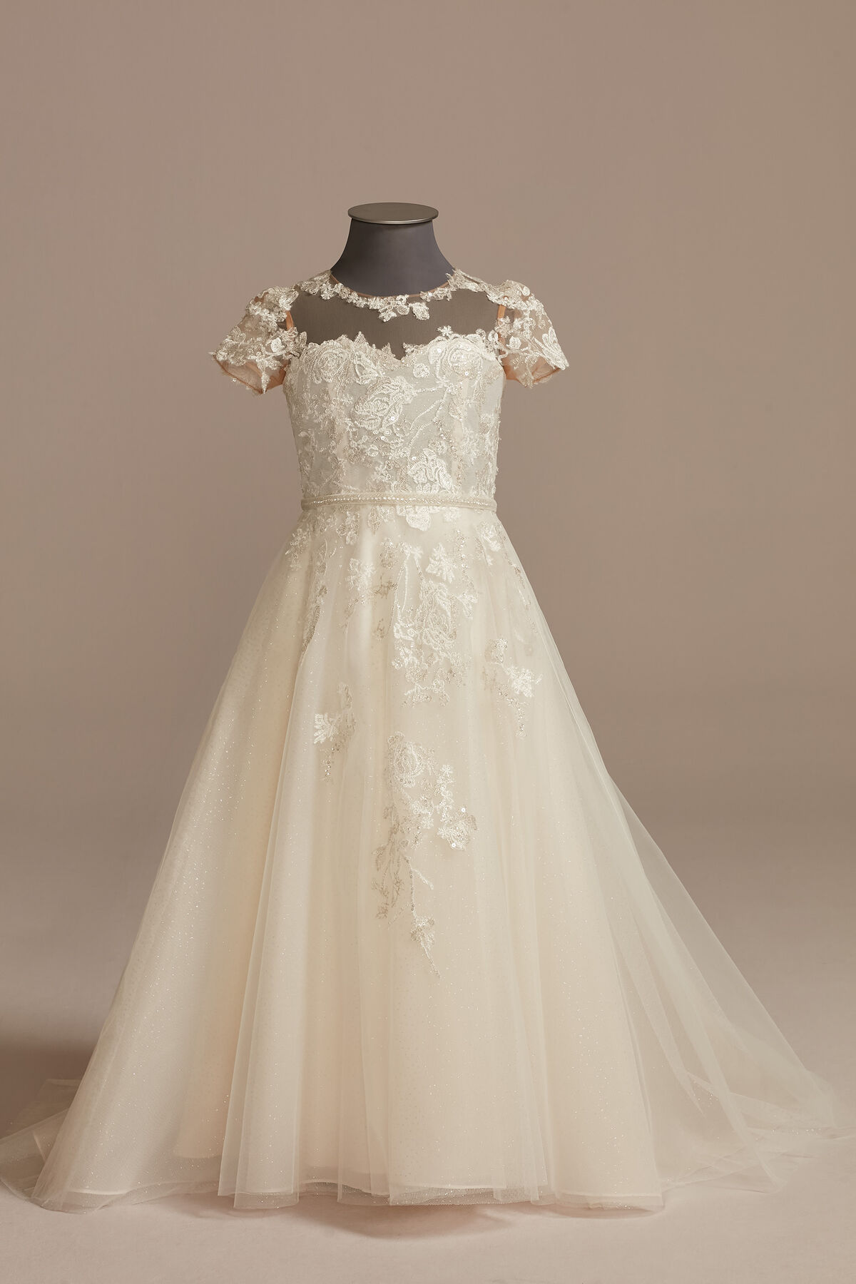 Vestido de primera comuni&oacute;n con mangas y aplicaciones de encaje, MARFIL/PIEDRA, hi-res