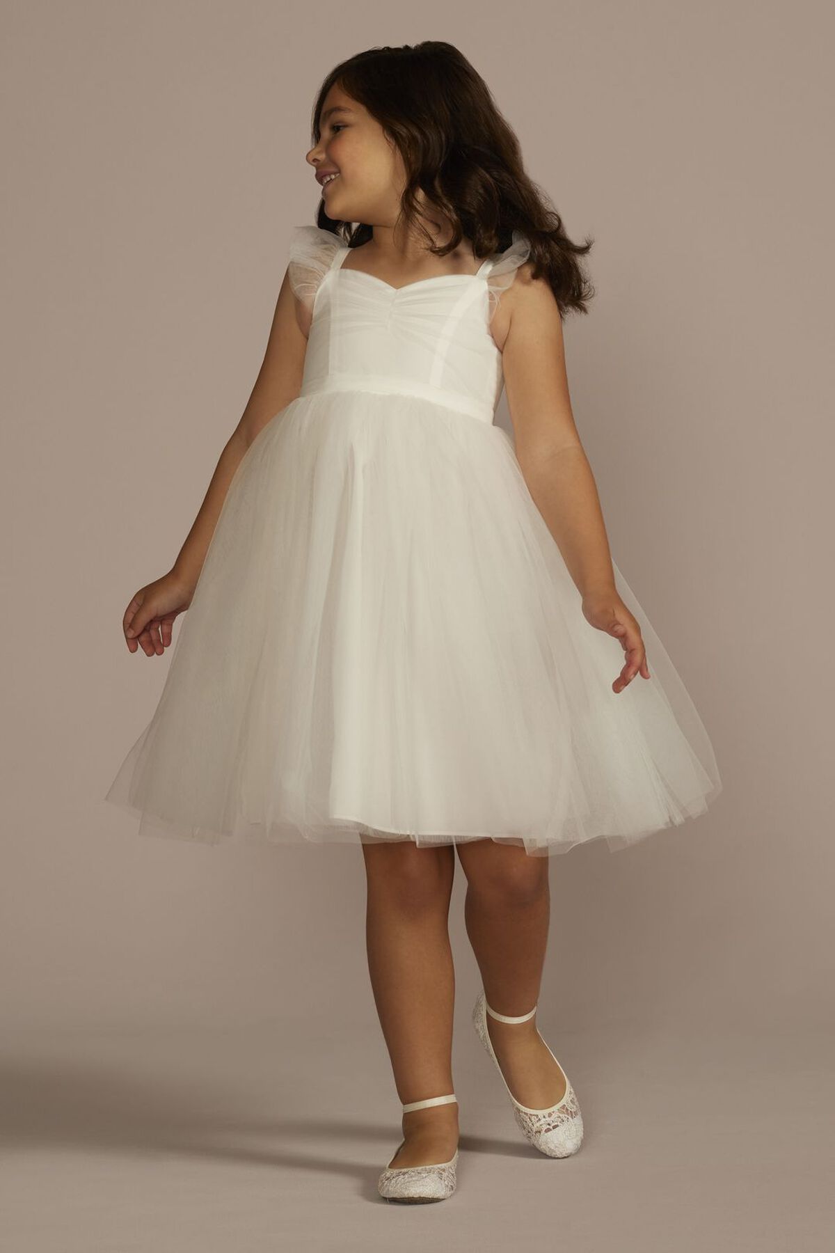 Vestido de primera comuni&oacute;n corto con mangas de tul, BLANCO SUAVE, hi-res