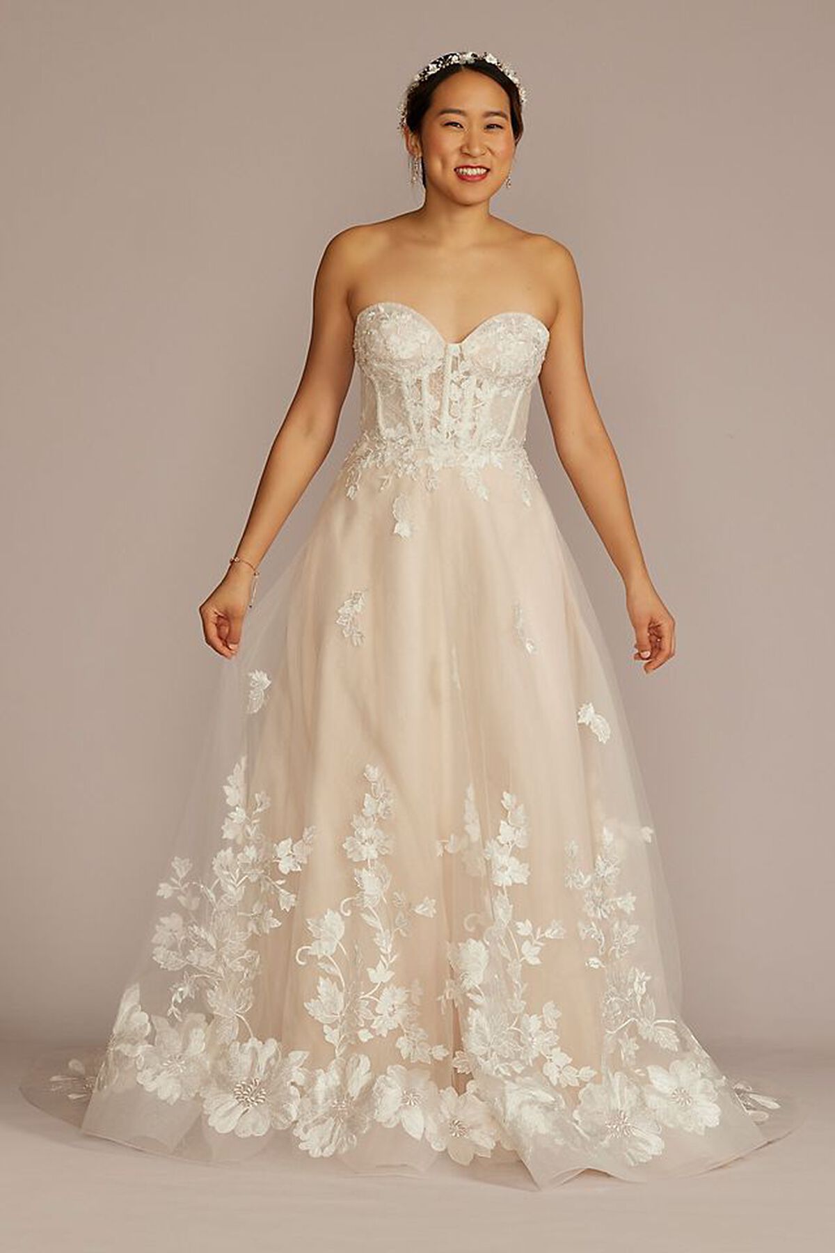 Vestido de novia strapless con corset y mangas desmontables, MARFIL/PIEDRA, hi-res