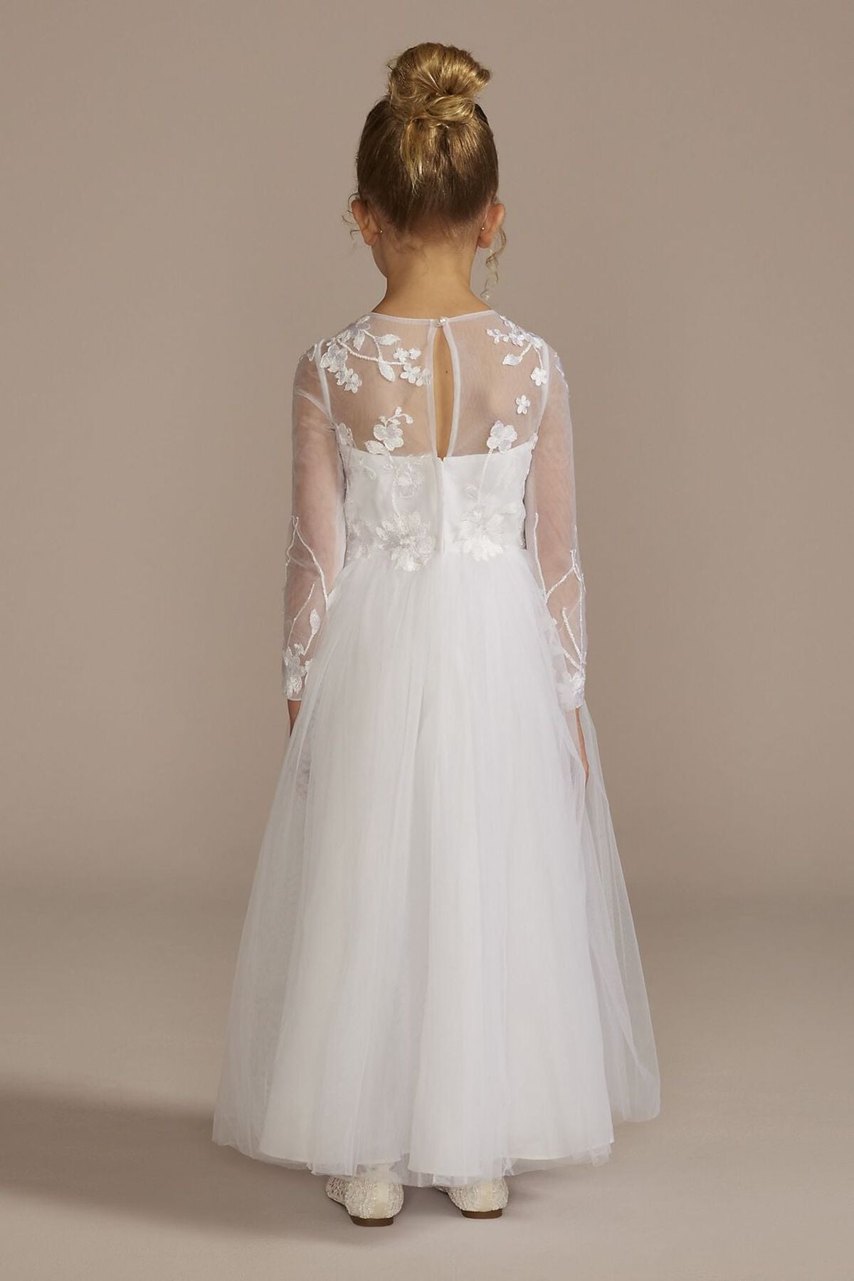 Vestido de primera comuni&oacute;n con manga larga y aplicaciones de encaje, BLANCO, hi-res