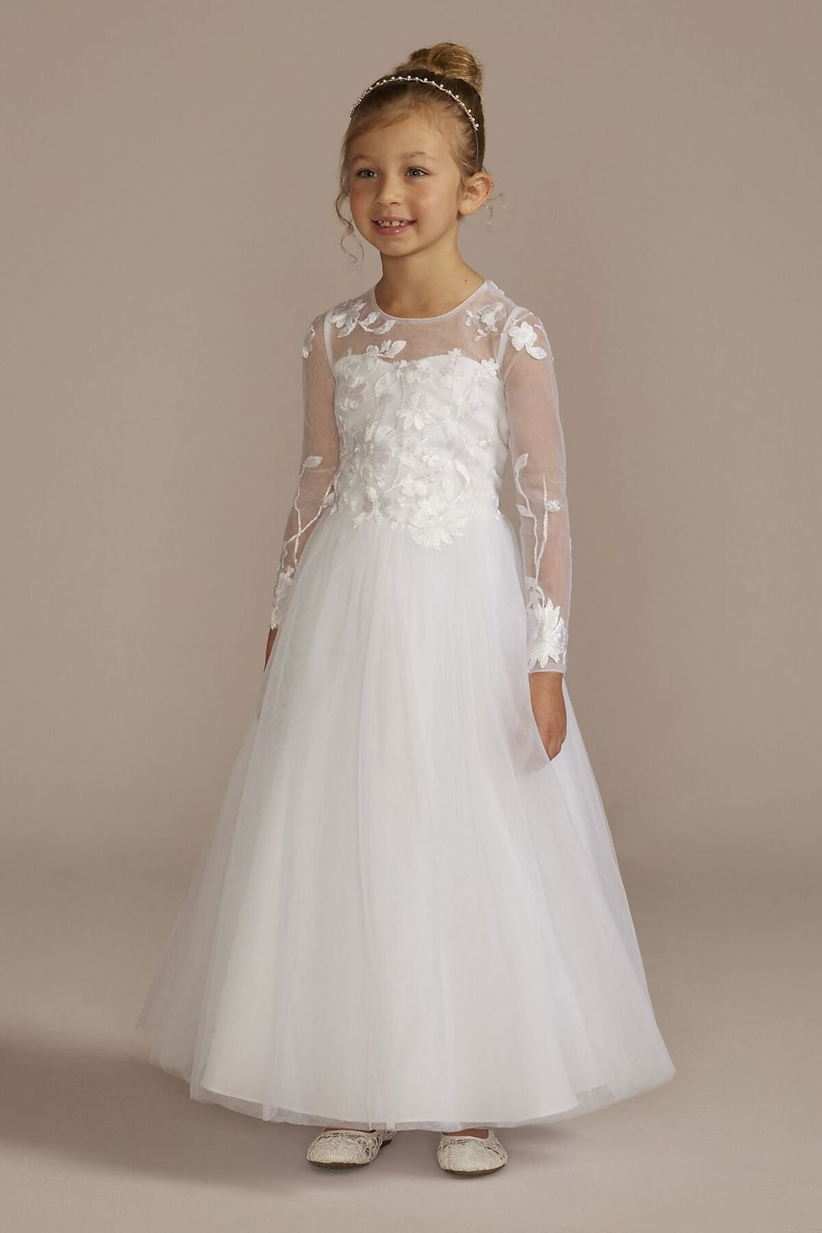 Vestido de primera comuni&oacute;n con manga larga y aplicaciones de encaje, BLANCO, hi-res