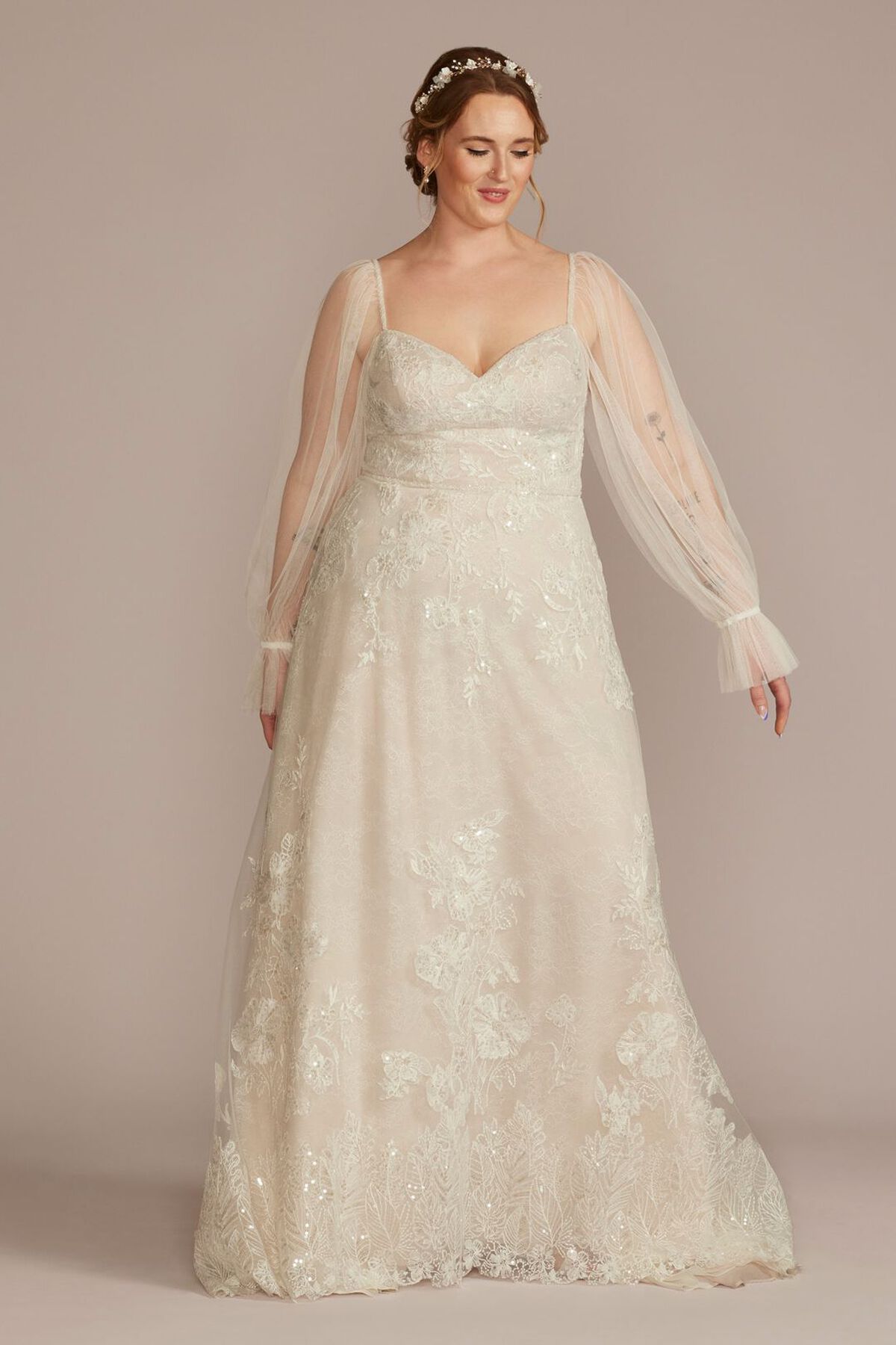 Vestido de novia l&iacute;nea A con mangas largas de tul, MARFIL/CASHMERE, hi-res