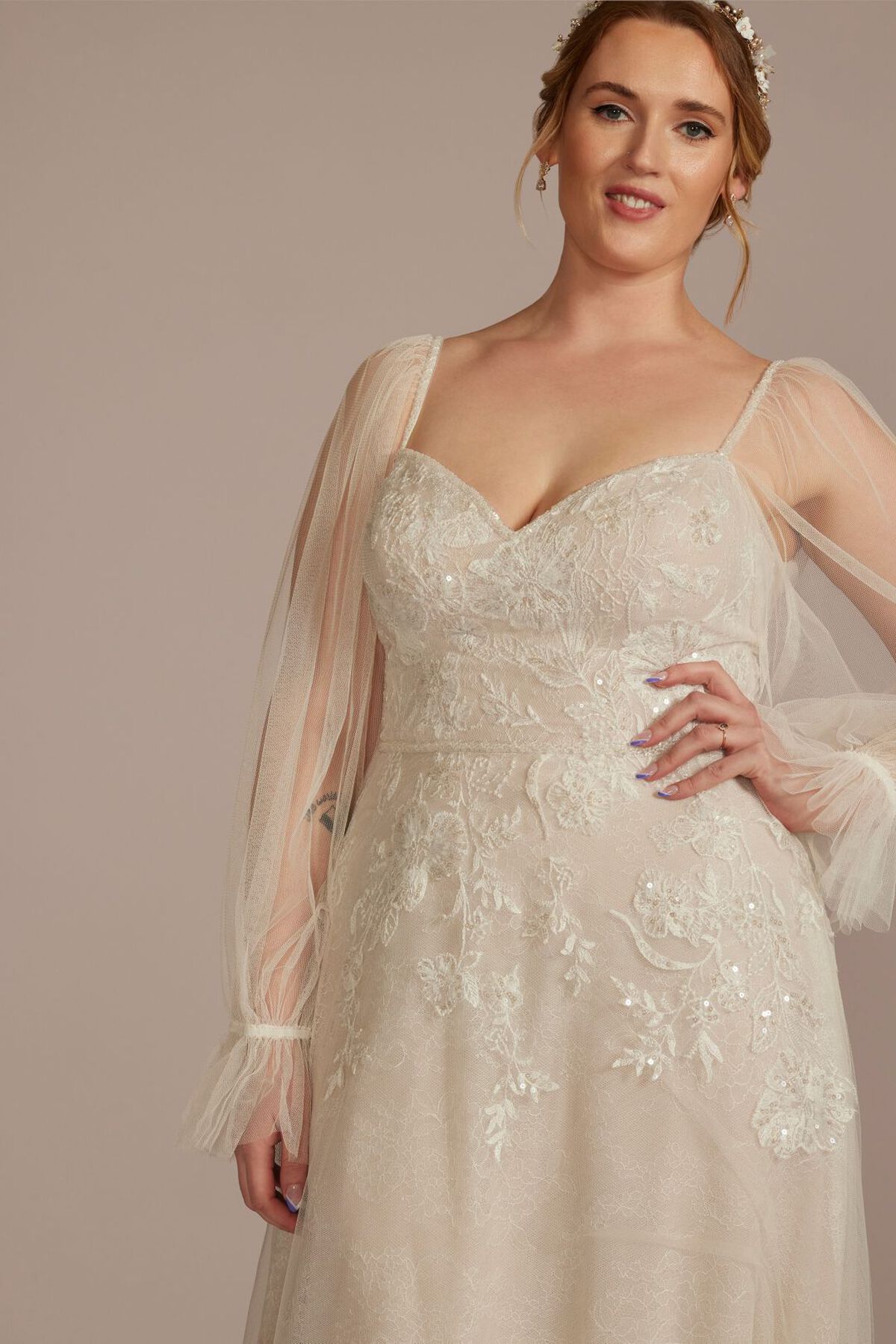 Vestido de novia l&iacute;nea A con mangas largas de tul, MARFIL/CASHMERE, hi-res