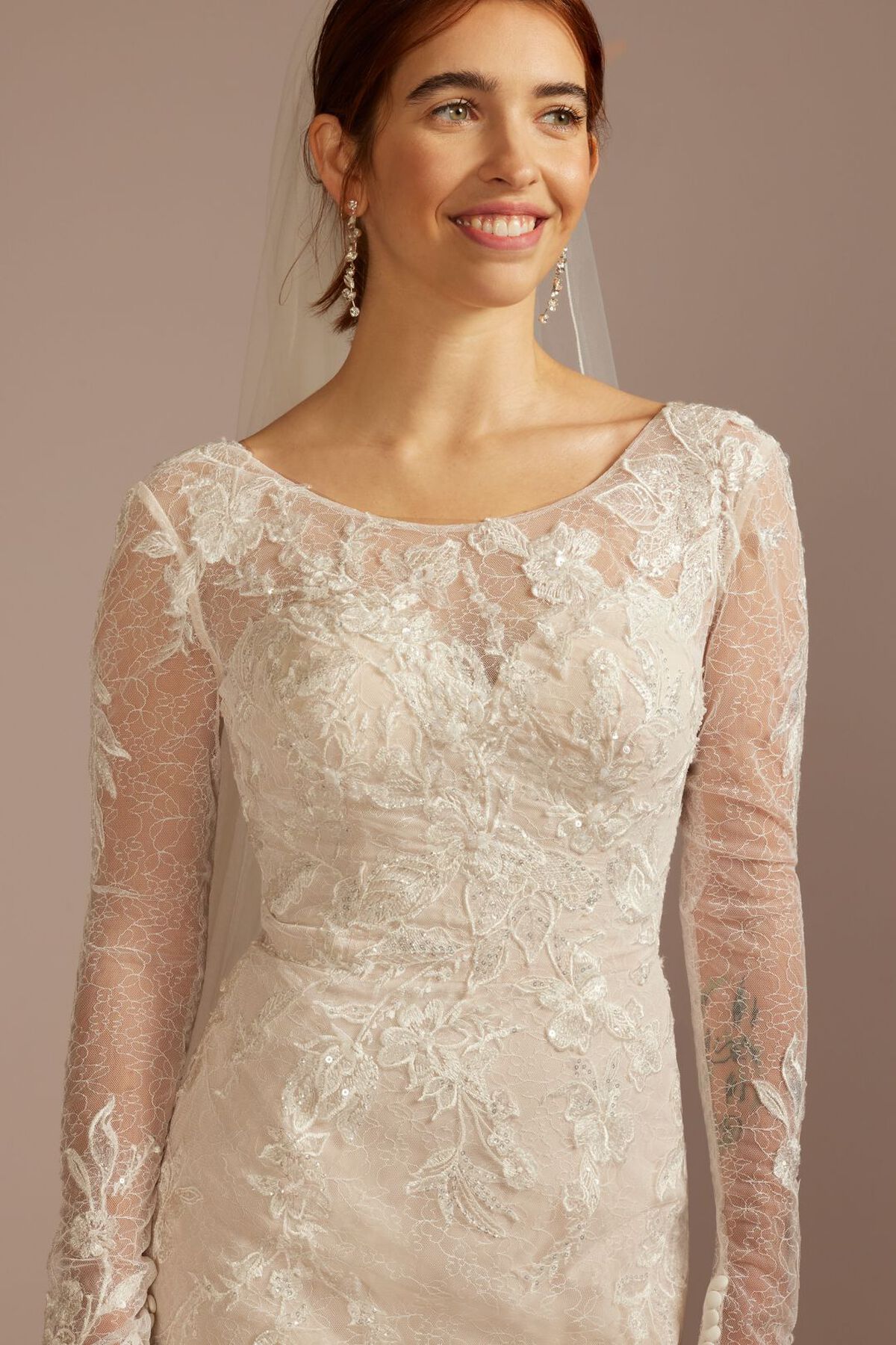 Vestido de novia sirena con manga larga con escote ilusi&oacute;n, MARFIL/PIEDRA, hi-res