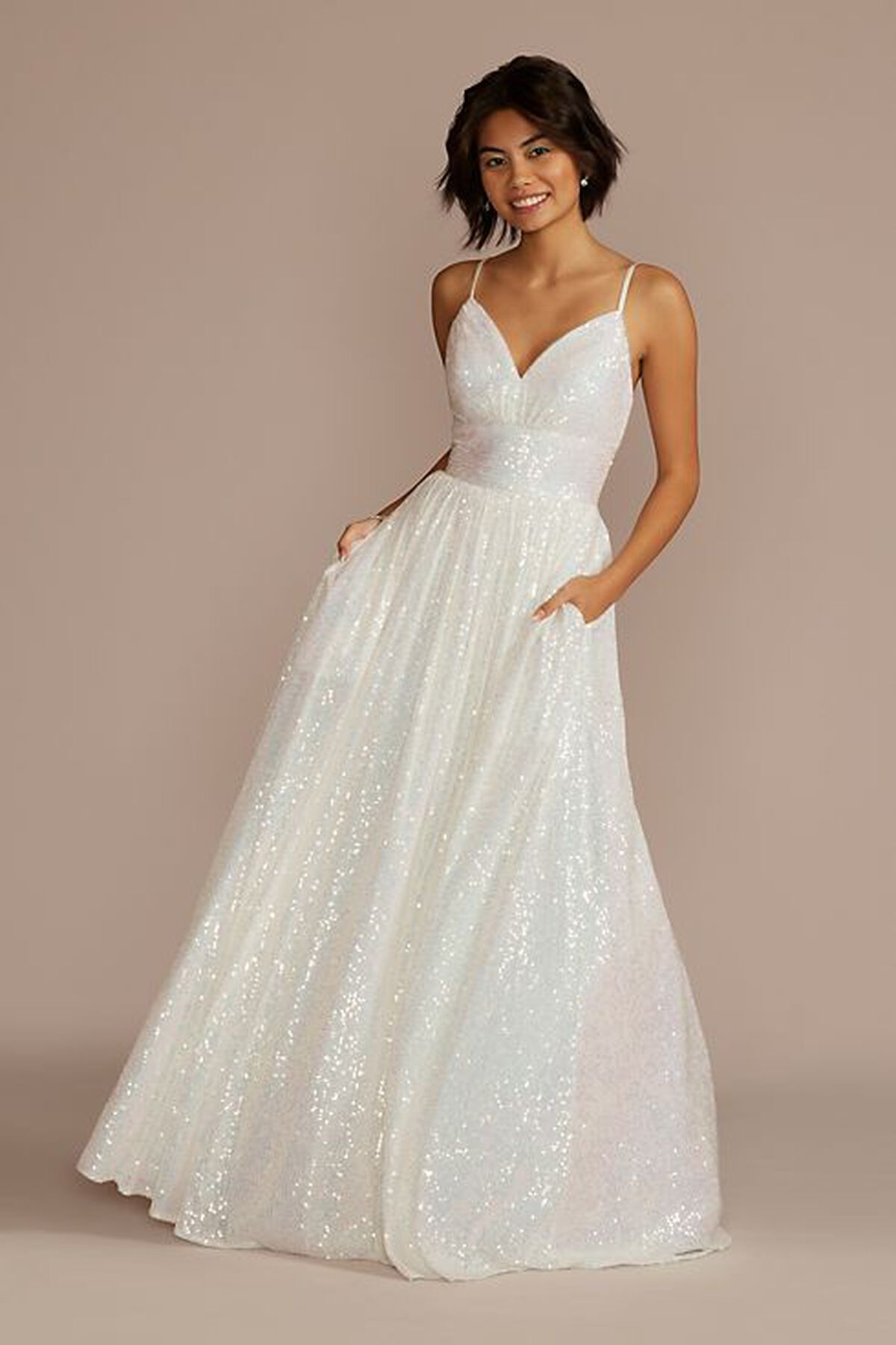 Vestido largo de lentejuela con plisado en cintura y silueta princesa, BLANCO, hi-res
