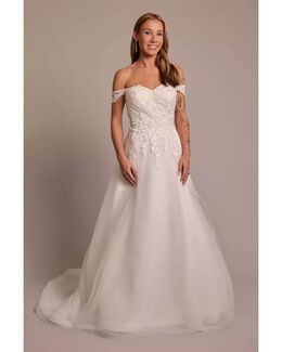 Vestido de novia de corte A con aplicaciones y hombros descubiertos