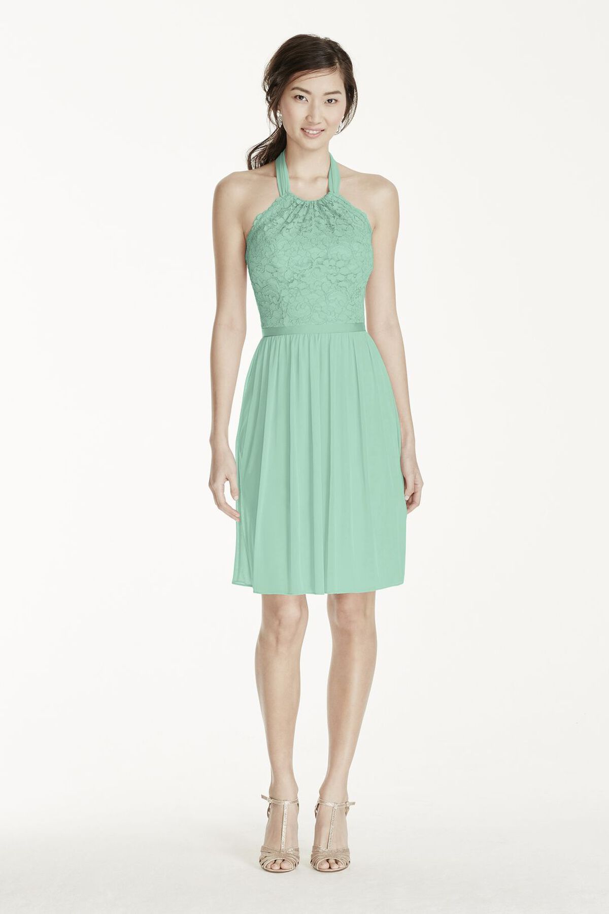 Vestido de dama corto con escote halter de encaje, MENTA, hi-res