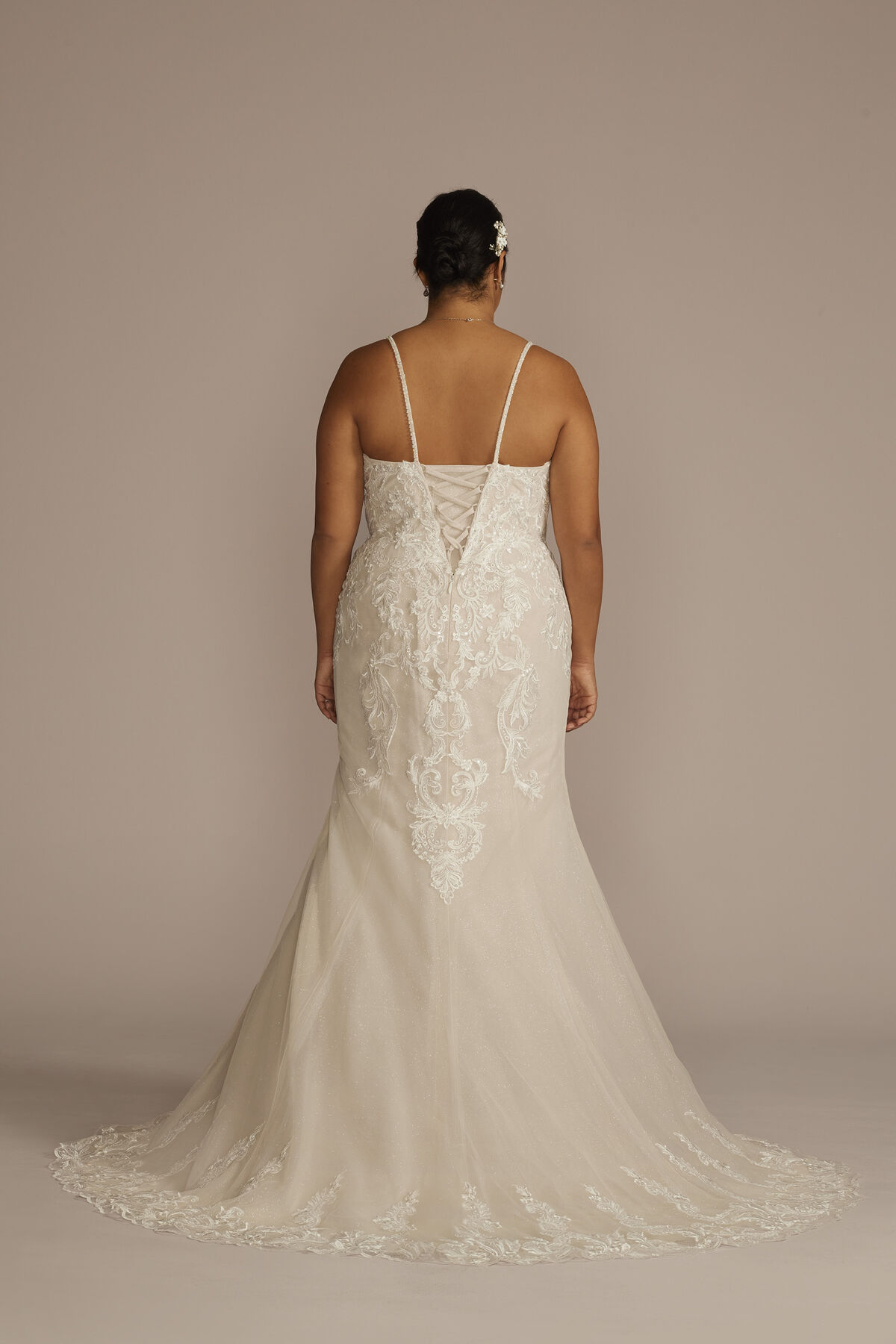 Vestido de novia sirena con tirantes finos y aplicaciones de encaje, MARFIL/PIEDRA, hi-res