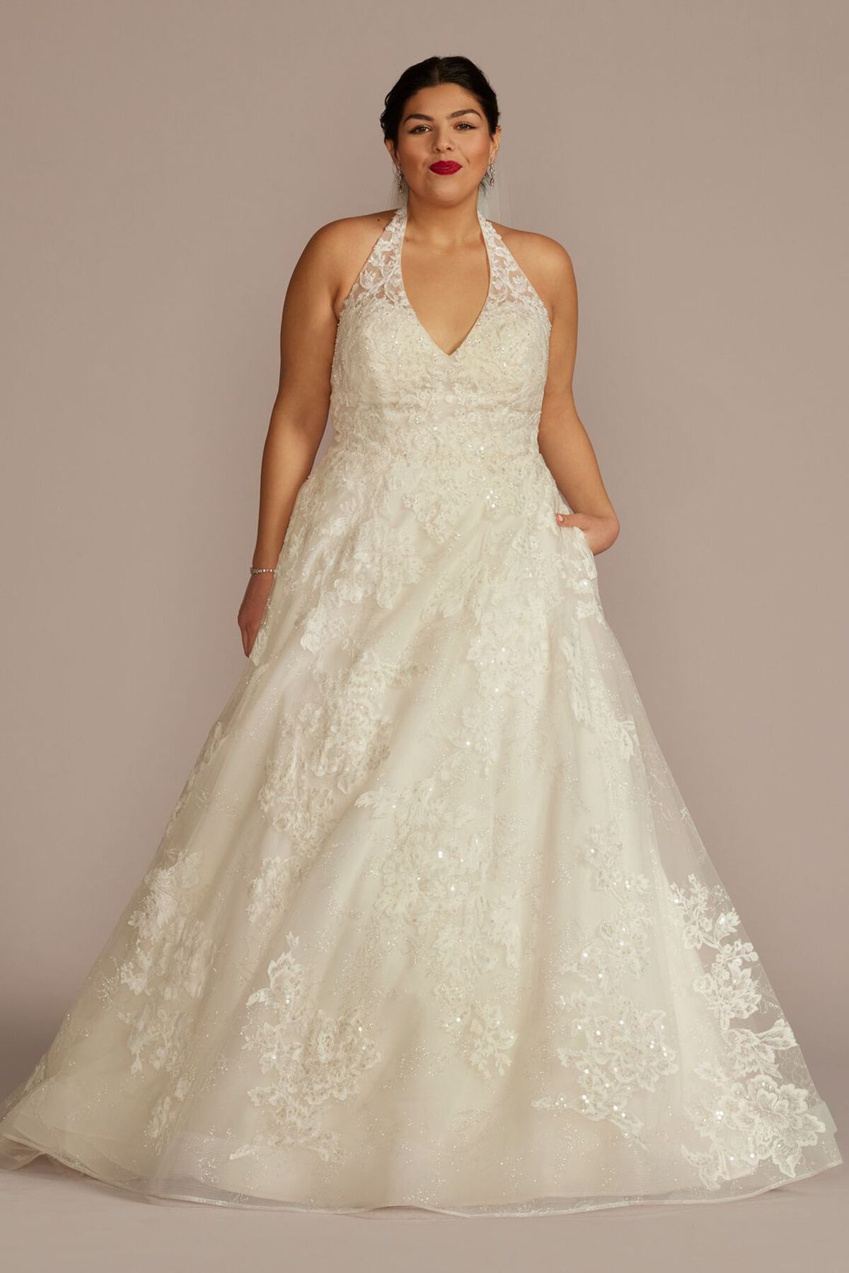 Vestido de novia l&iacute;nea A con pedrer&iacute;a y escote halter, MARFIL/PIEDRA, hi-res