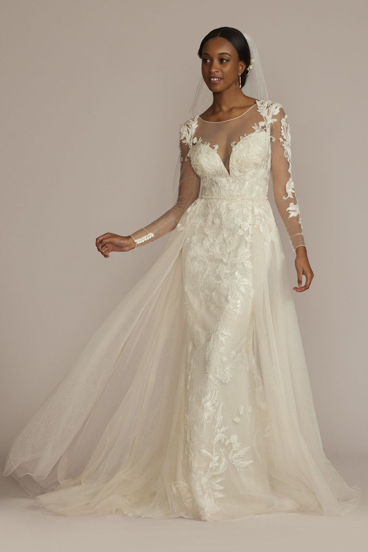 Vestido de novia sirena con falda desmontable y mangas largas, MARFIL/PIEDRA, hi-res