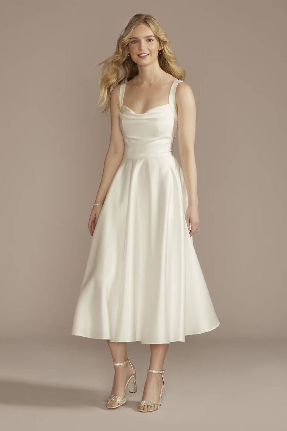 Vestido de novia midi con plisado en escote, BLANCO SUAVE, hi-res
