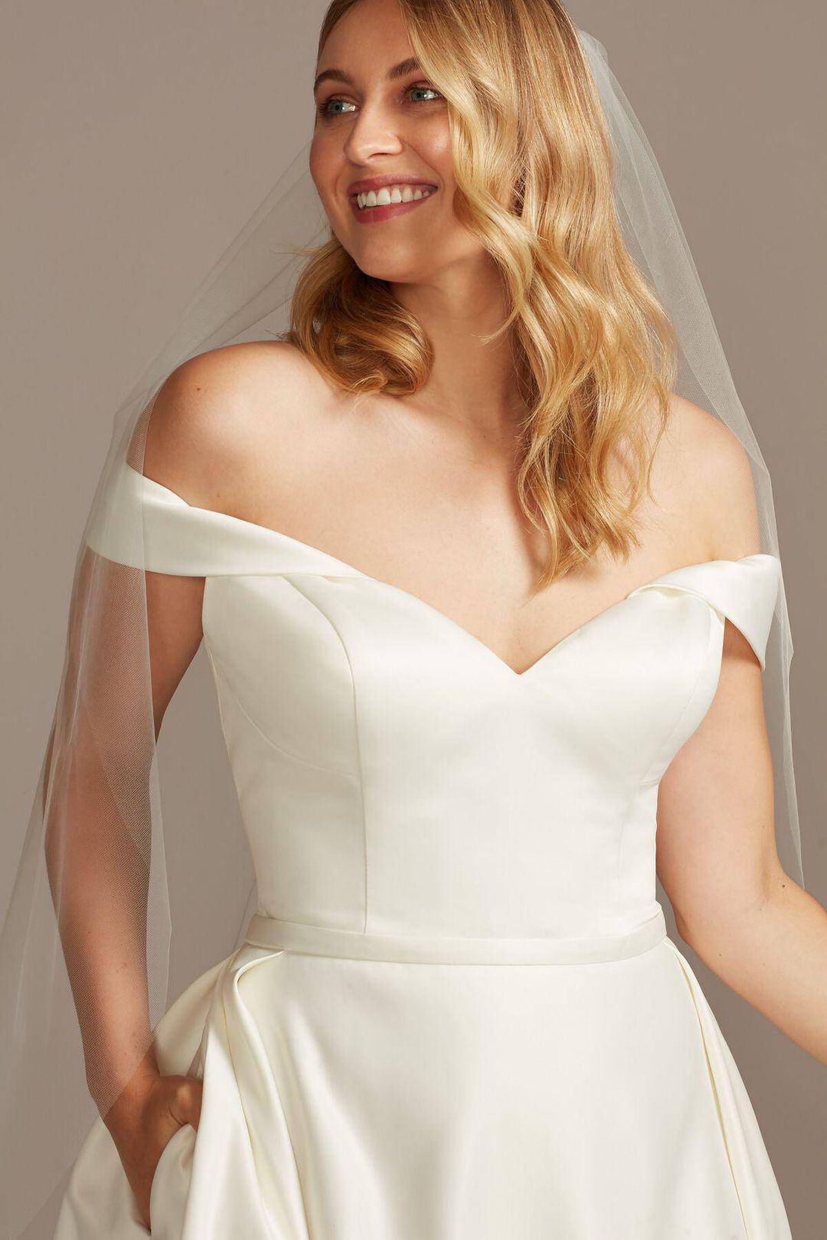 Vestido de novia princesa de sat&iacute;n y mangas al hombro, MARFIL, hi-res