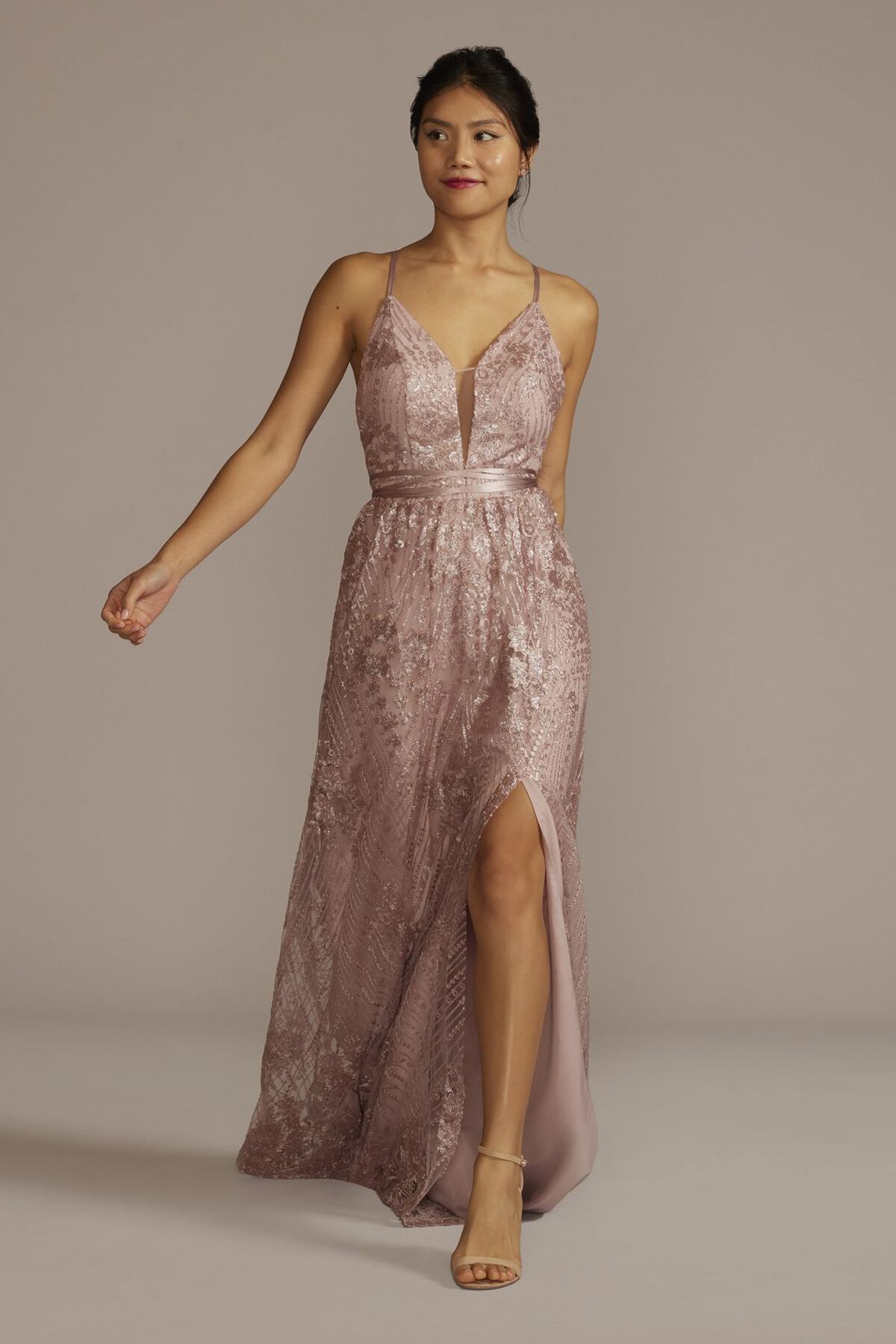 Vestido de dama de encaje y aplicaciones de lentejuela, ORO ROSA, hi-res