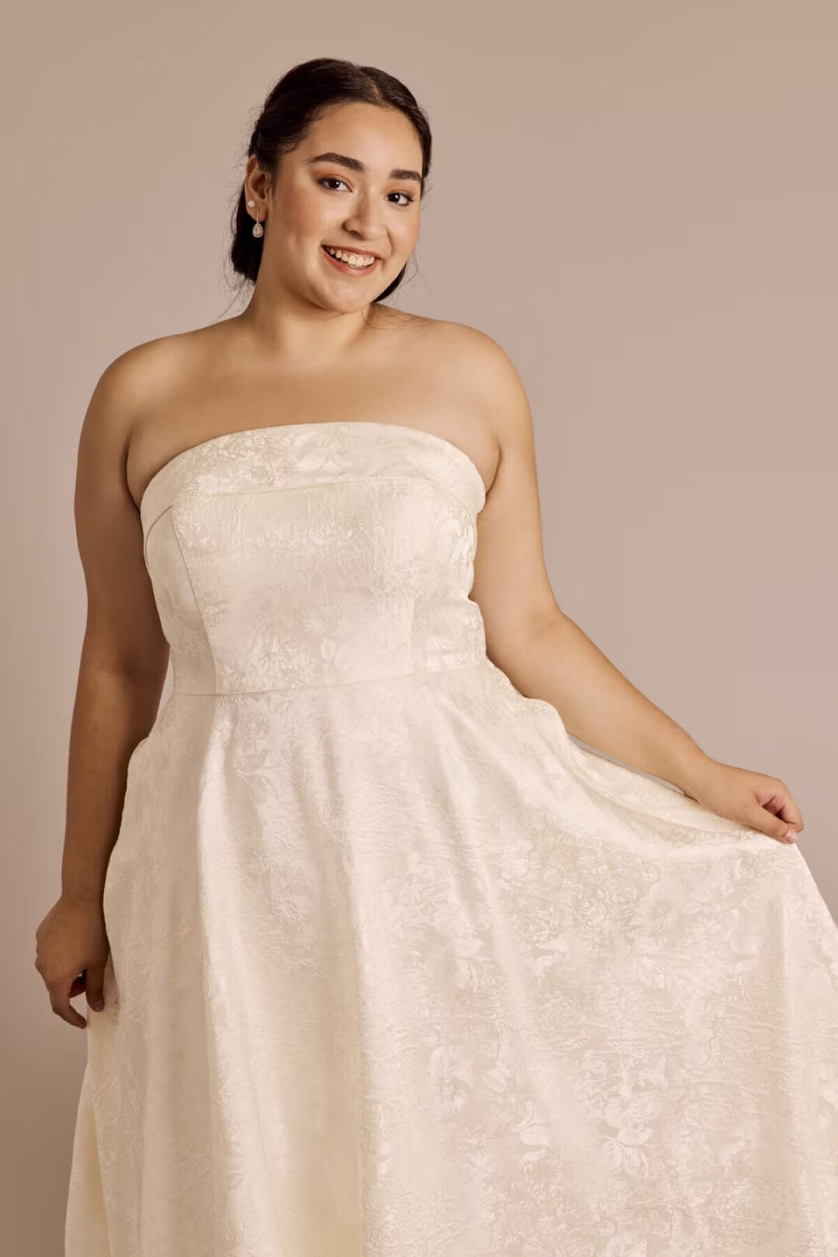 Vestido de novia midi de jaquard floral, MARFIL, hi-res