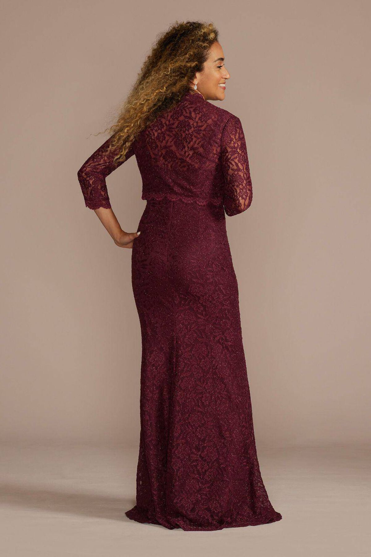 Vestido largo silueta sirena con bolero de encaje, VINO, hi-res