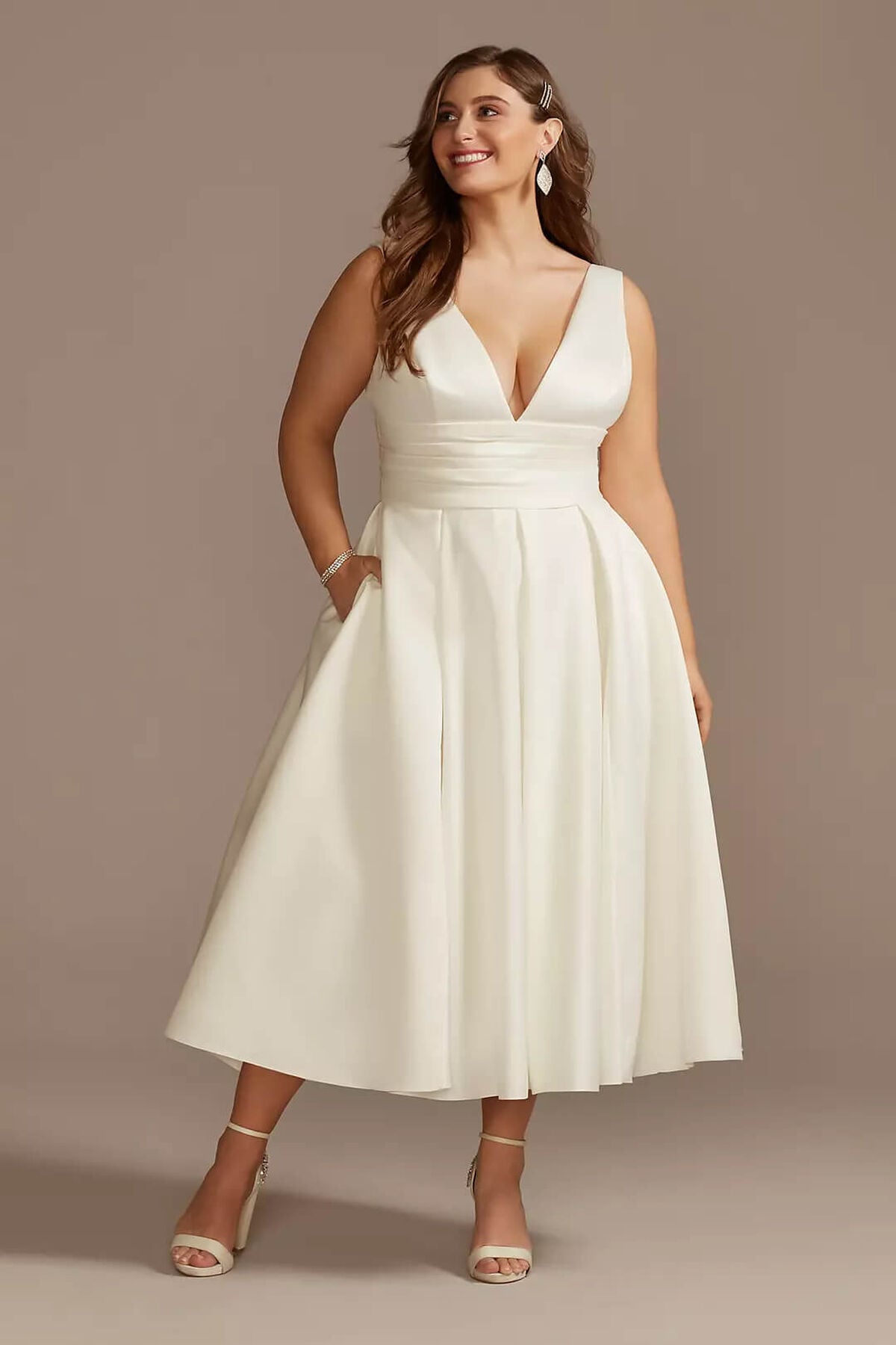 Vestido de novia midi satinado, MARFIL, hi-res