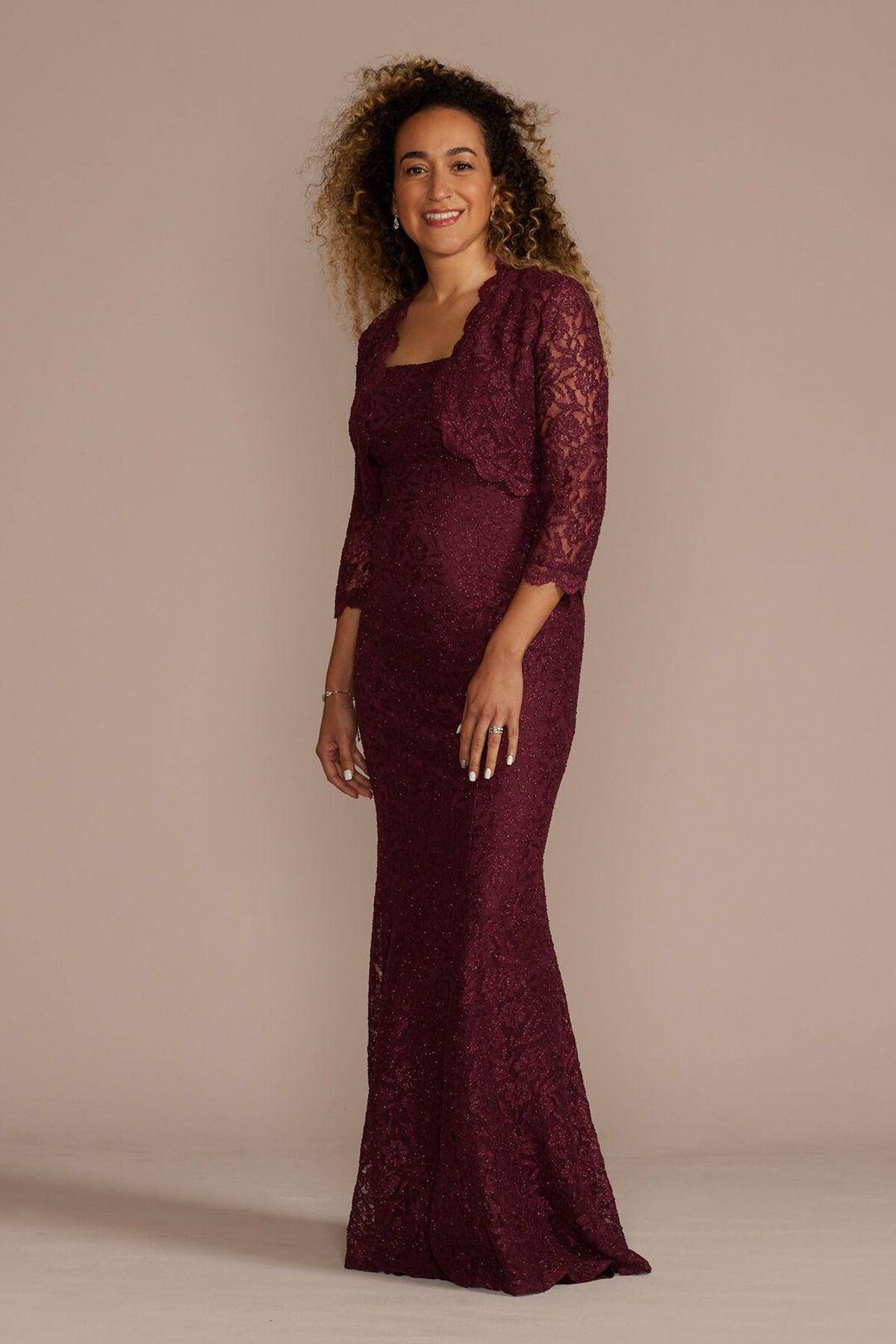 Vestido largo silueta sirena con bolero de encaje, VINO, hi-res