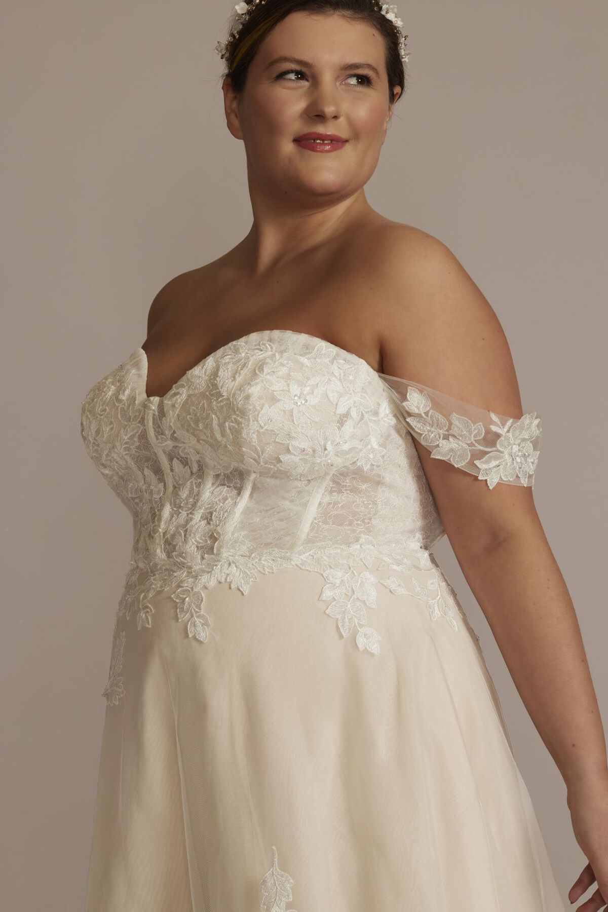 Vestido de novia strapless con corset y mangas desmontables, MARFIL/PIEDRA, hi-res