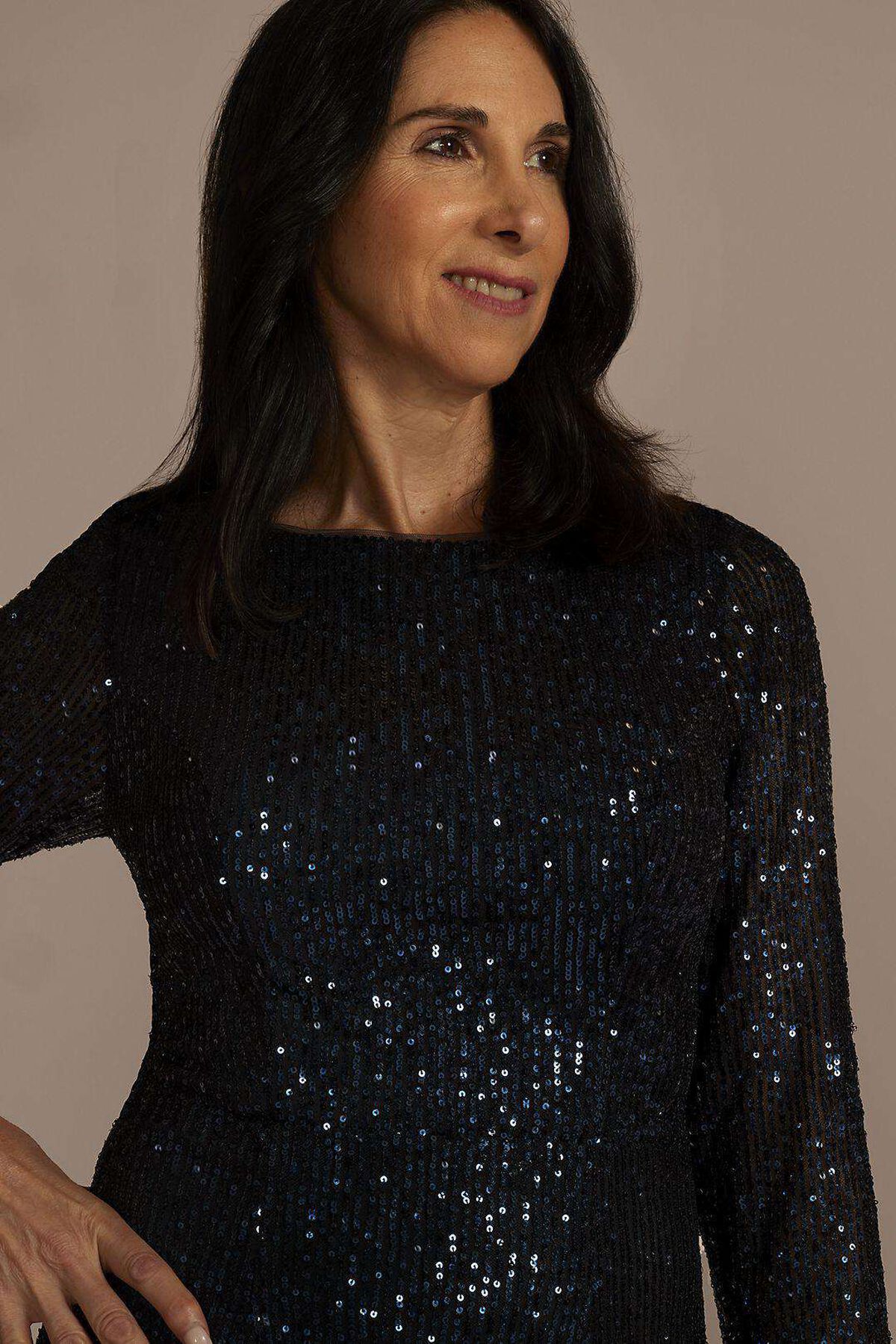 Vestido con escote redondo y textil de aplicaciones en glitter, MARINO, hi-res