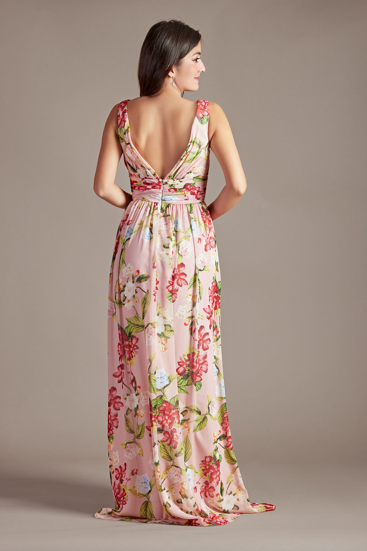 Vestido largo de chif&oacute;n con plisado en cintura y estampado floral, ESTAMPADO, hi-res