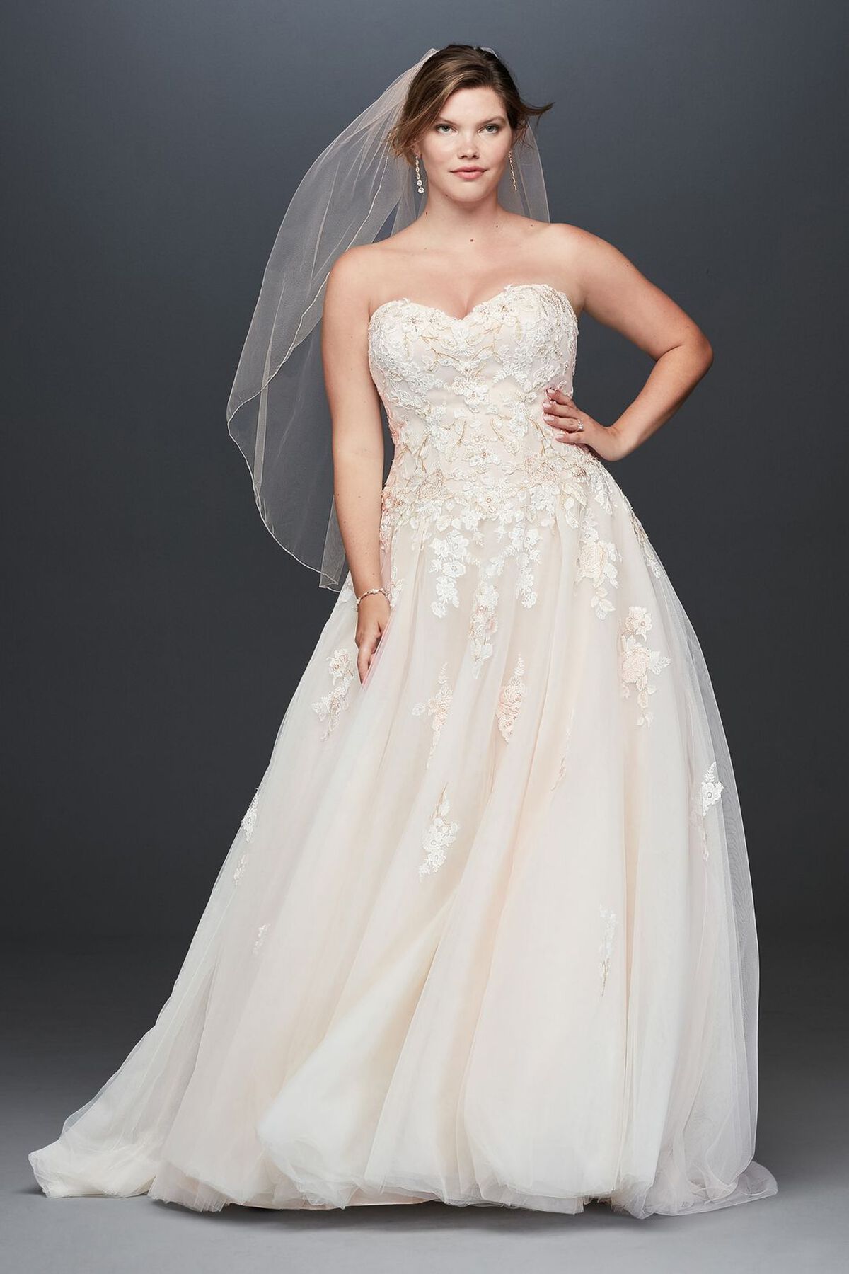 Vestido de novia princesa strapless con aplicaciones florales, MARFIL/ARENA, hi-res