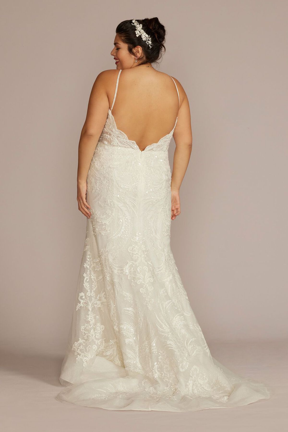 Vestido de novia sirena con escote profundo y aplicaciones brillantes, MARFIL, hi-res
