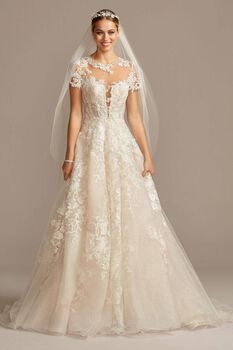 Vestido de novia princesa de encaje con mangas cortas y escote ilusión