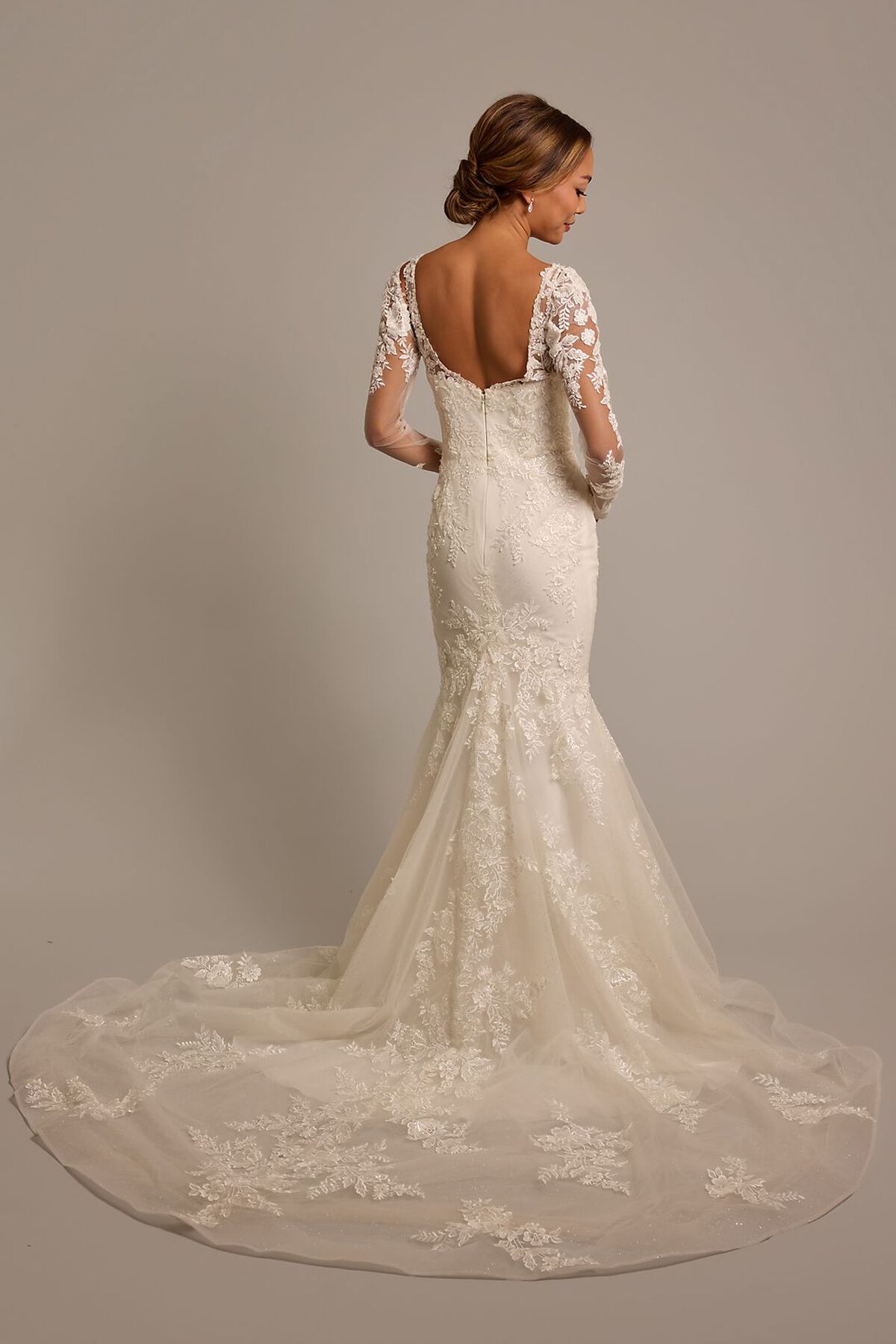Vestido de novia sirena con mangas largas de encaje, MARFIL/PIEDRA, hi-res