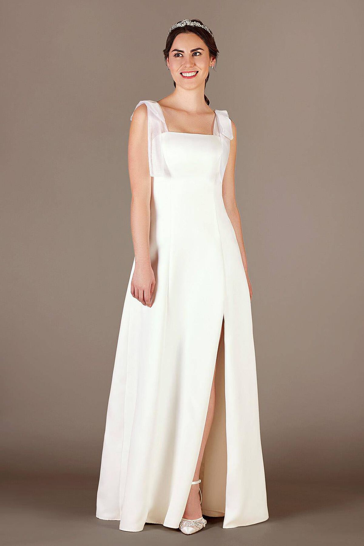 Vestido de novia l&iacute;nea A con tirantes de mo&ntilde;os en tul, BLANCO SUAVE, hi-res