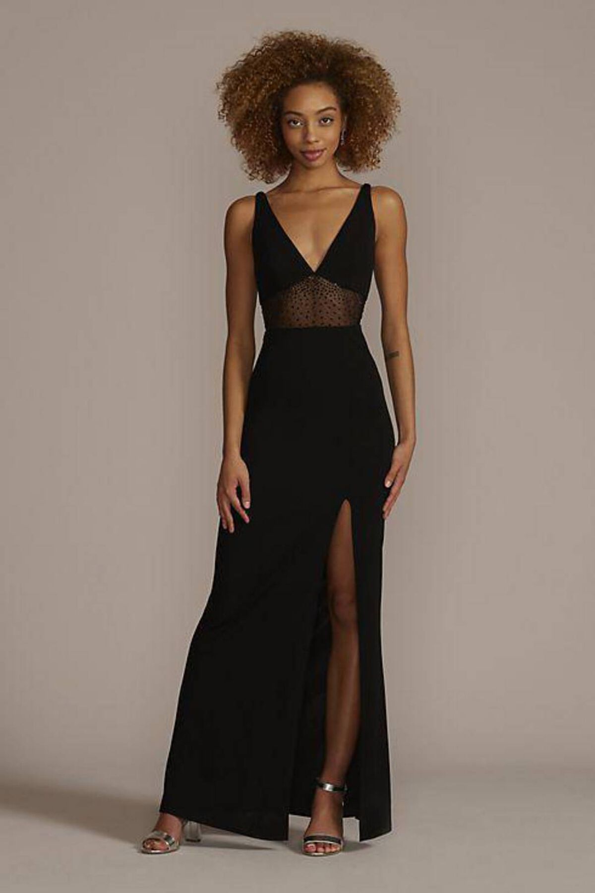 Vestido largo con transparecia en cintura y abertura en pierna, NEGRO, hi-res