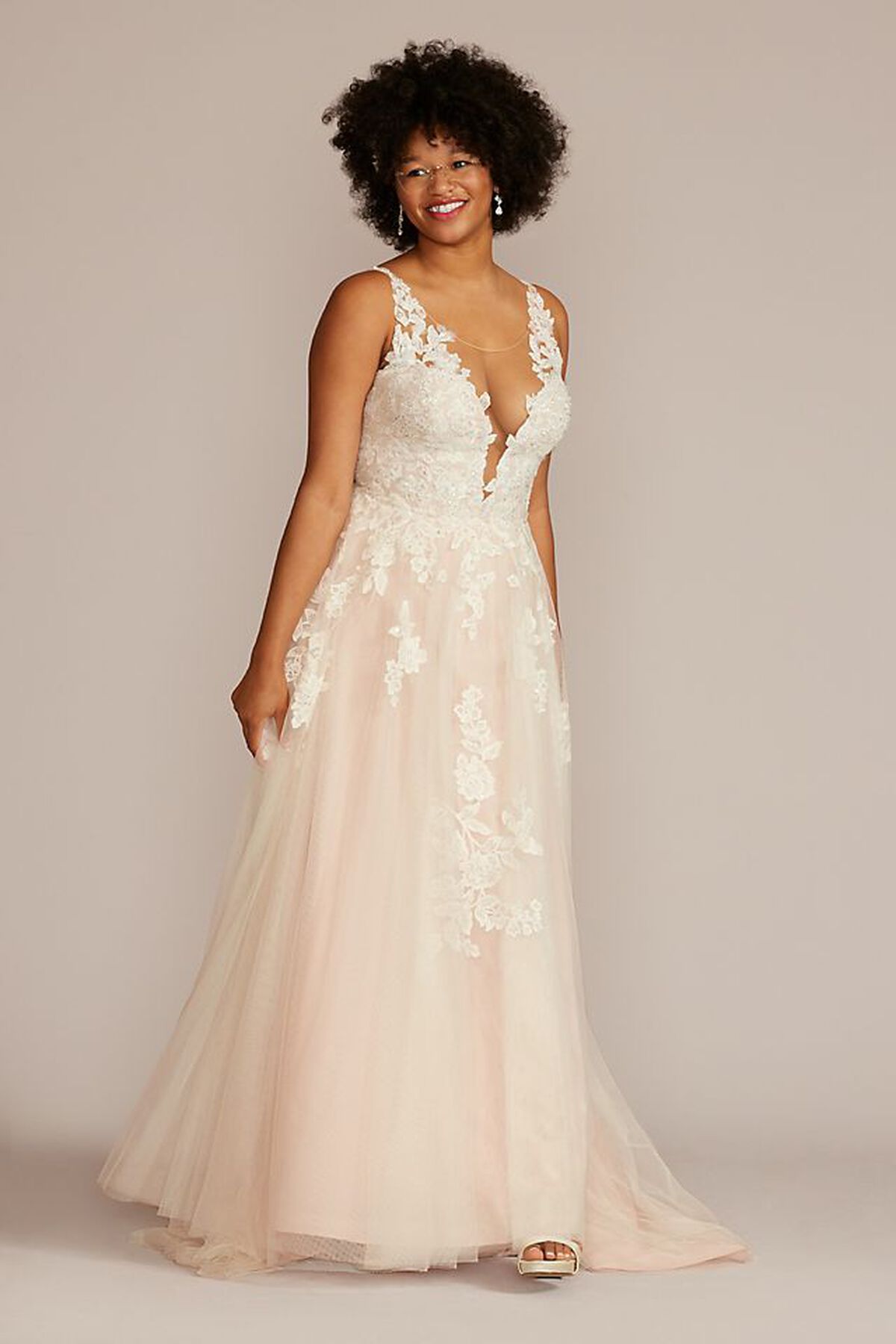 Vestido de novia l&iacute;nea A con escote profundo y aplicaciones florales, MARFIL/CASHMERE, hi-res