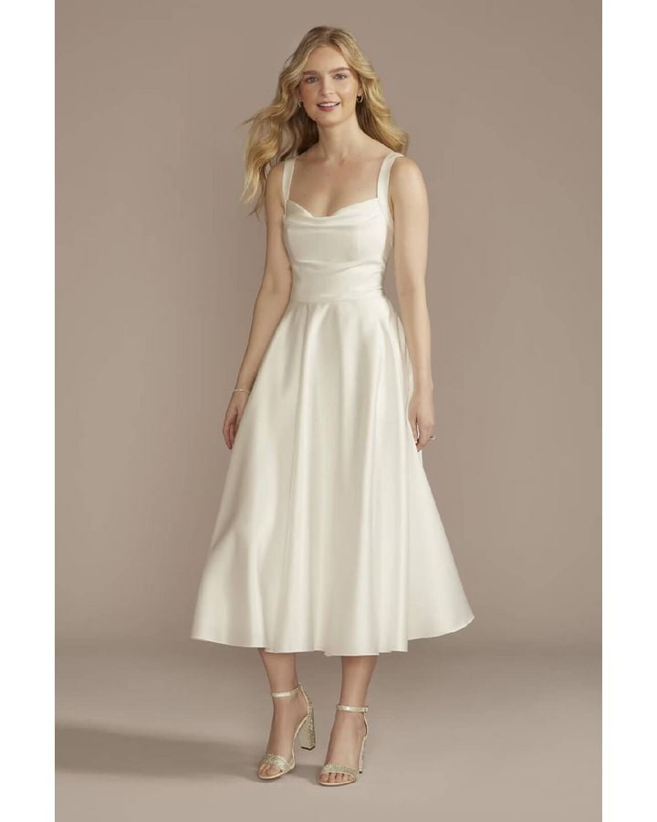 Vestido de novia midi con plisado en escote, BLANCO SUAVE, hi-res