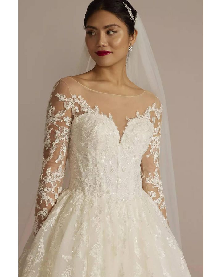Vestido de novia con mangas y escote ilusión, MARFIL/PIEDRA, hi-res