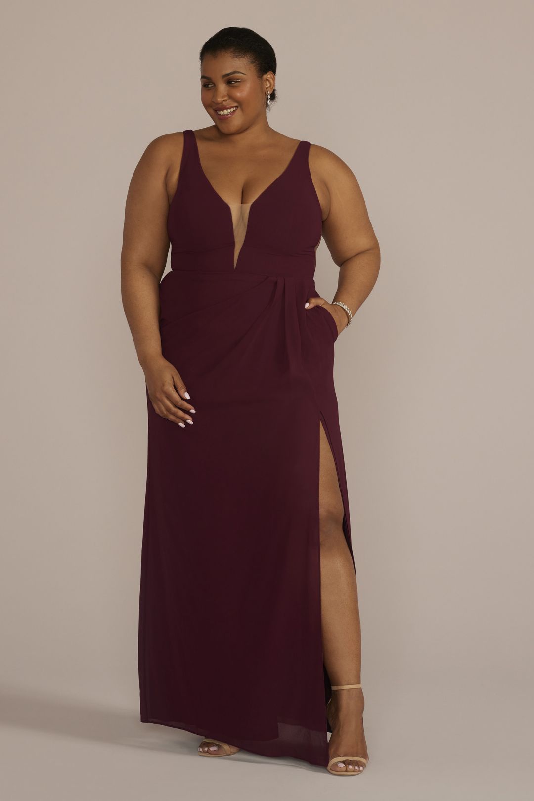 Vestido de dama sin mangas con escote profundo, VINO, hi-res