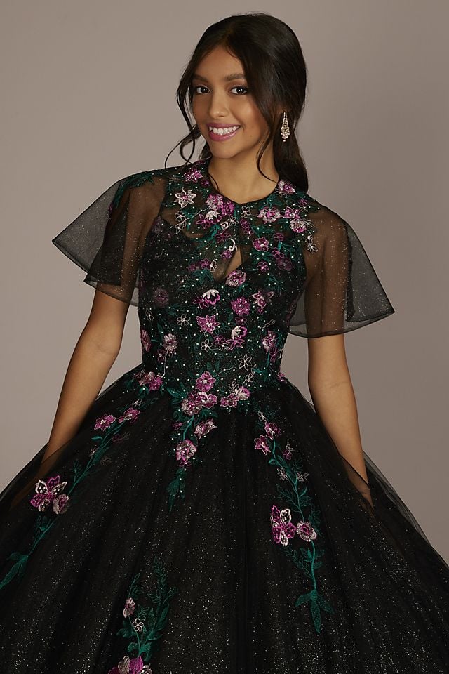 Vestido de quinceañera con aplicaciones florales y bolero, NEGRO/MULTI, hi-res