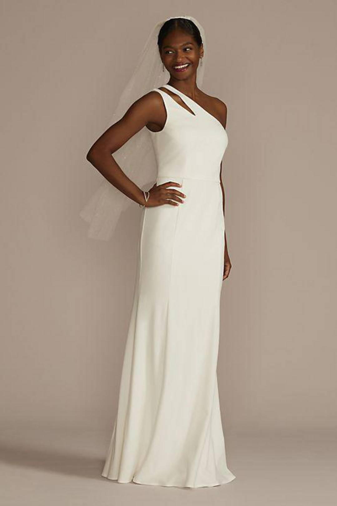 Vestido de novia recto de un hombro, BLANCO SUAVE, hi-res