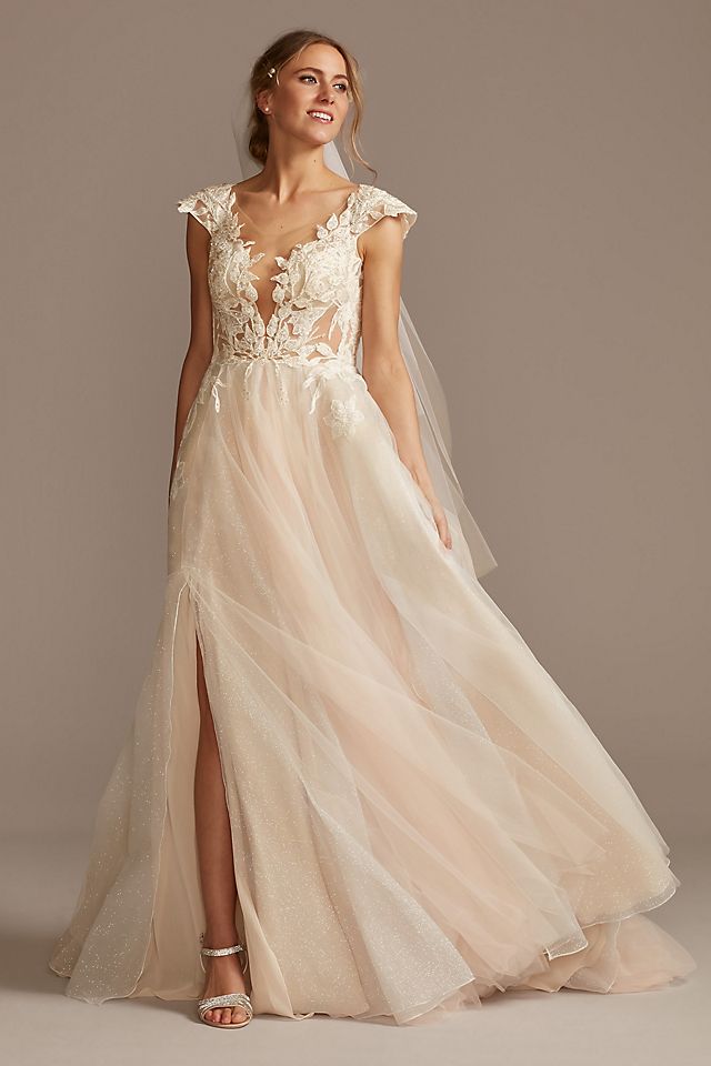 Vestido de novia línea A con transparencias y escote profundo, MARFIL/CASHMERE, hi-res