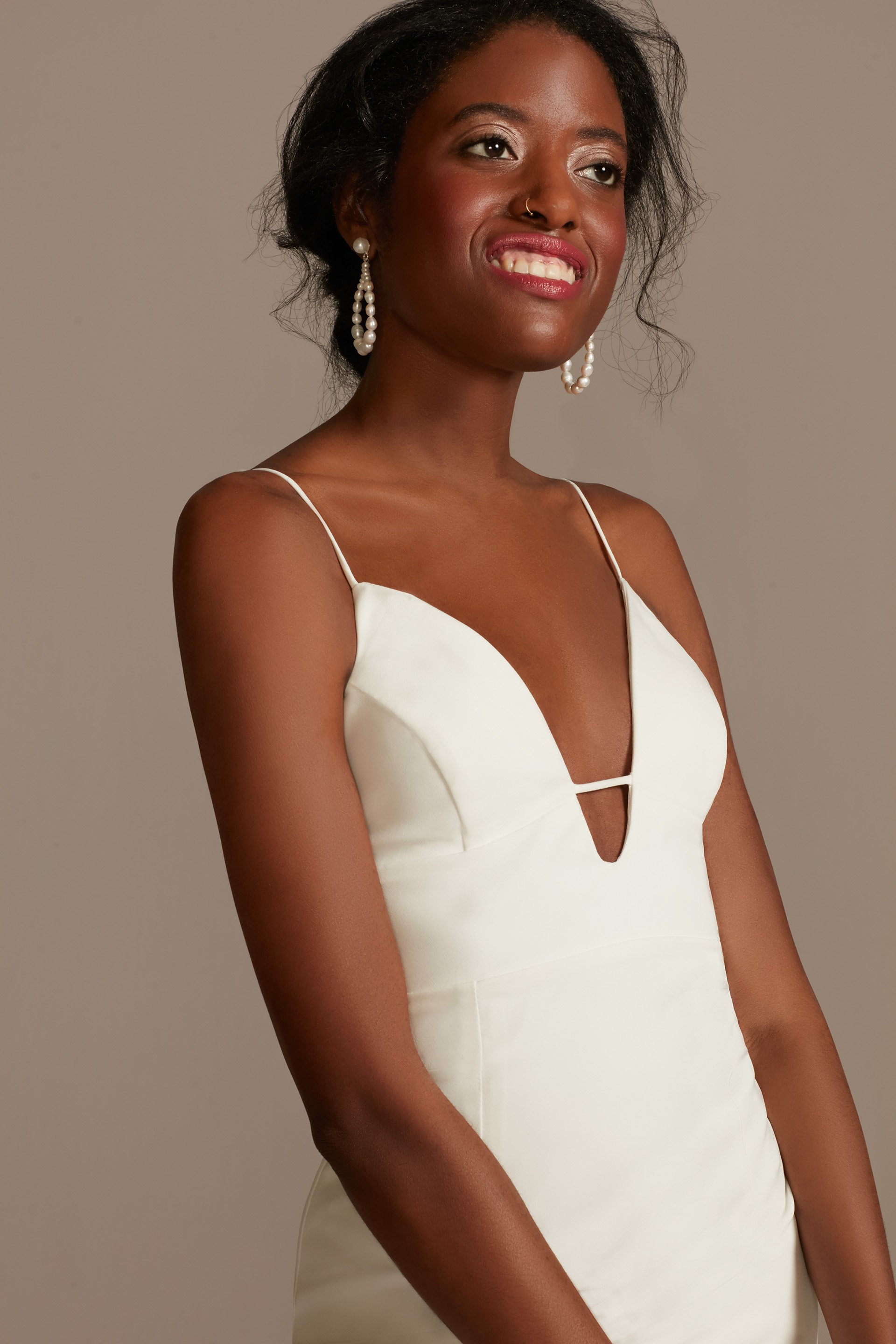 Vestido de novia midi con escote profundo, BLANCO SUAVE, hi-res
