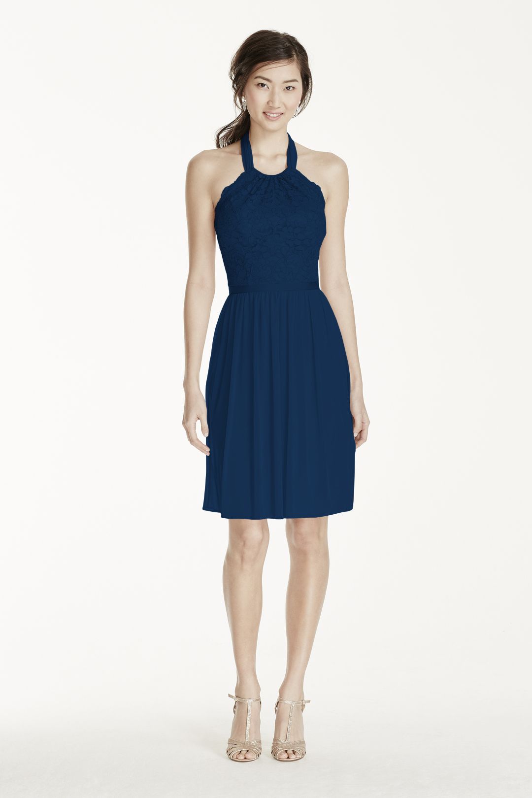 Vestido de dama corto con escote halter de encaje, MARINO, hi-res