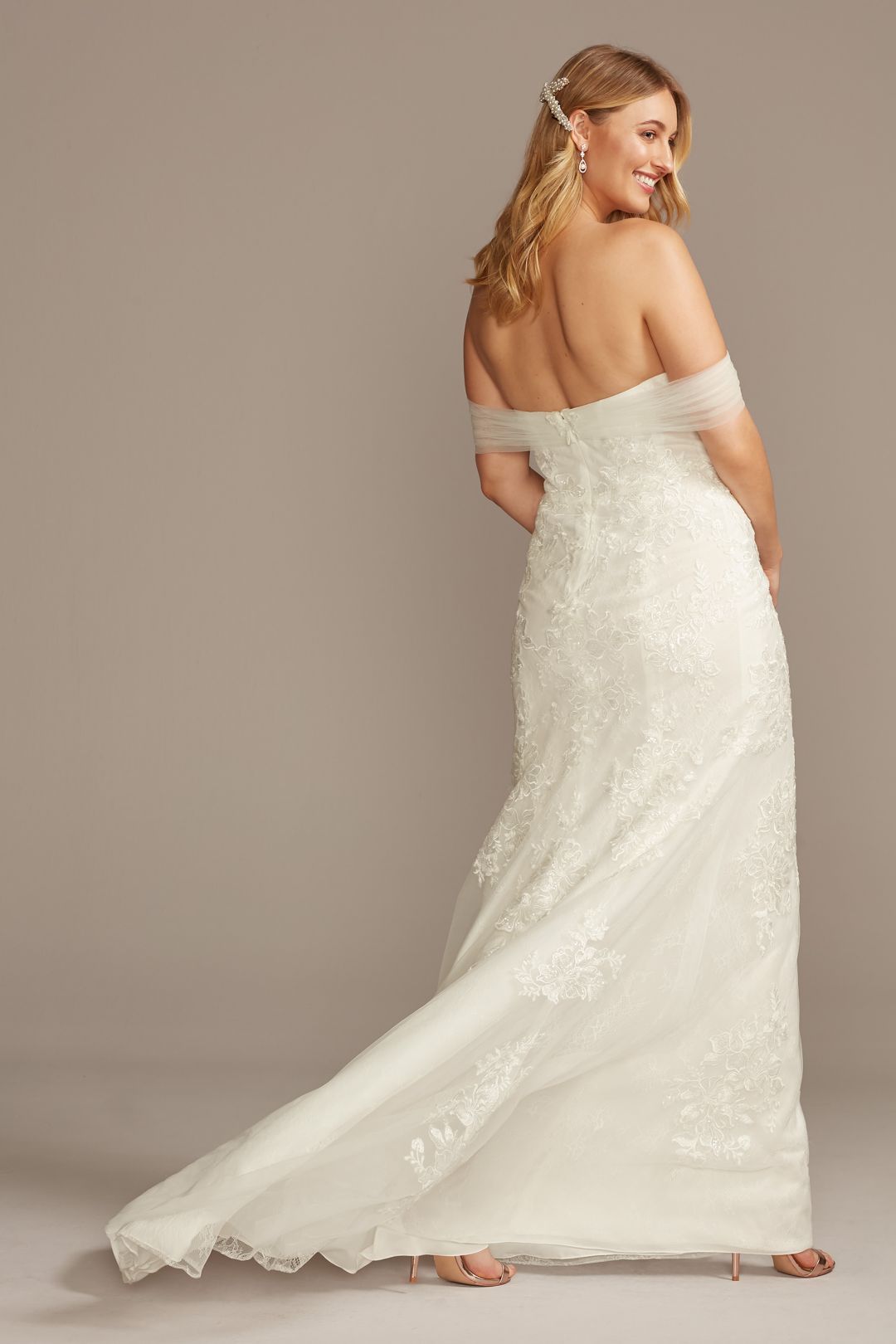 Vestido de novia sirena con mangas de tul al hombro, BLANCO, hi-res