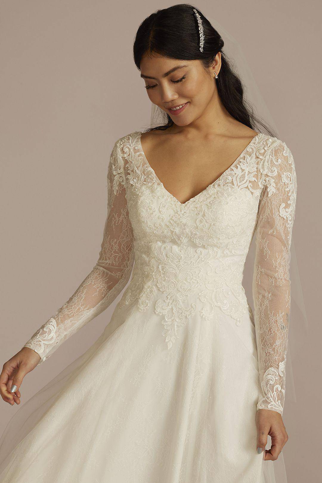 Vestido de novia línea A con mangas largas de encaje, MARFIL, hi-res