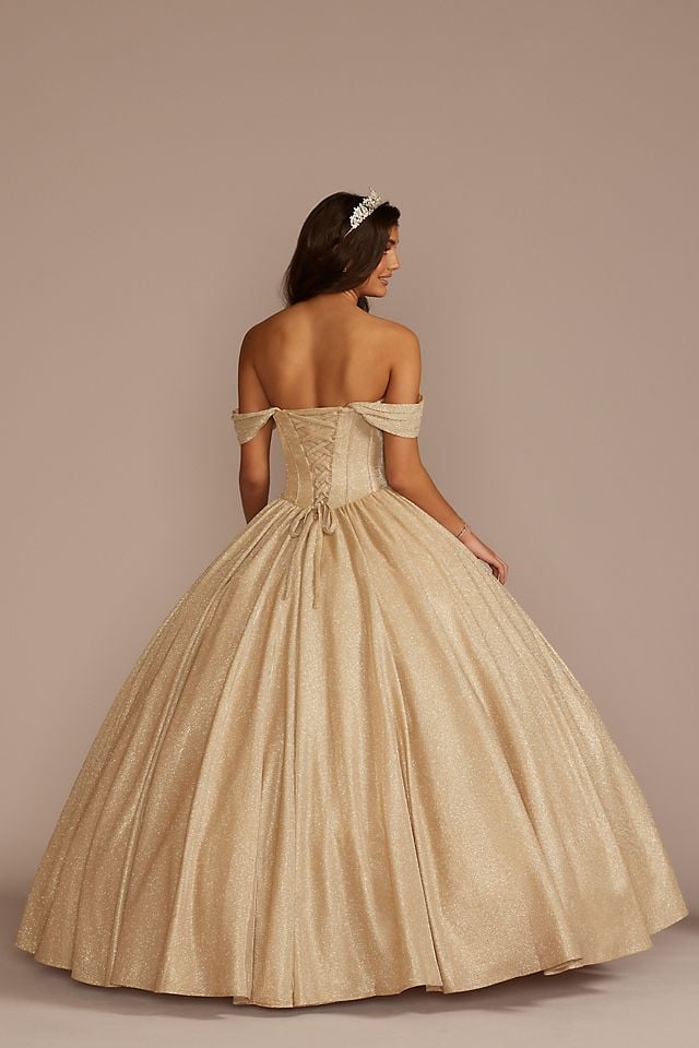 Vestido de quinceañera brillante con mangas removibles al hombro, ORO, hi-res