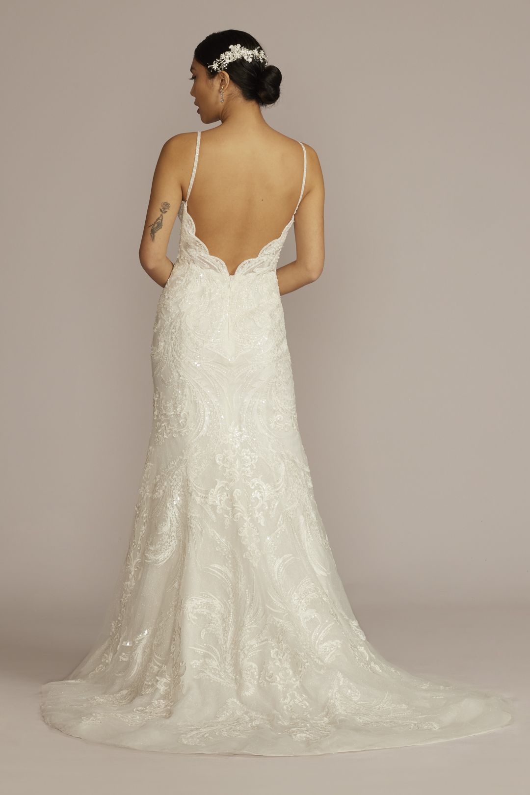 Vestido de novia sirena con escote profundo y aplicaciones brillantes, MARFIL, hi-res
