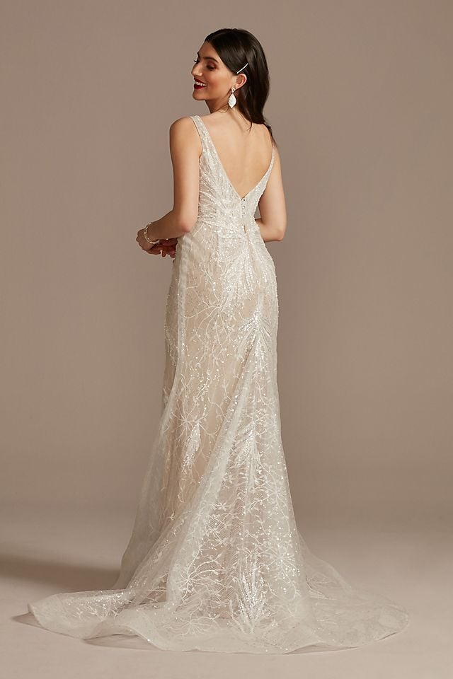 Vestido de novia recto de encaje con brillante pedrería, MARFIL TOSTADO, hi-res