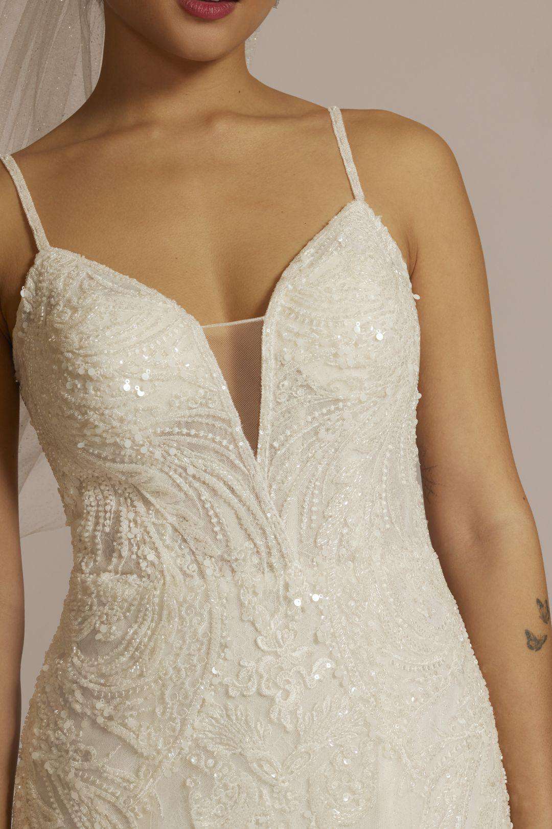 Vestido de novia sirena con escote profundo y aplicaciones brillantes, MARFIL, hi-res