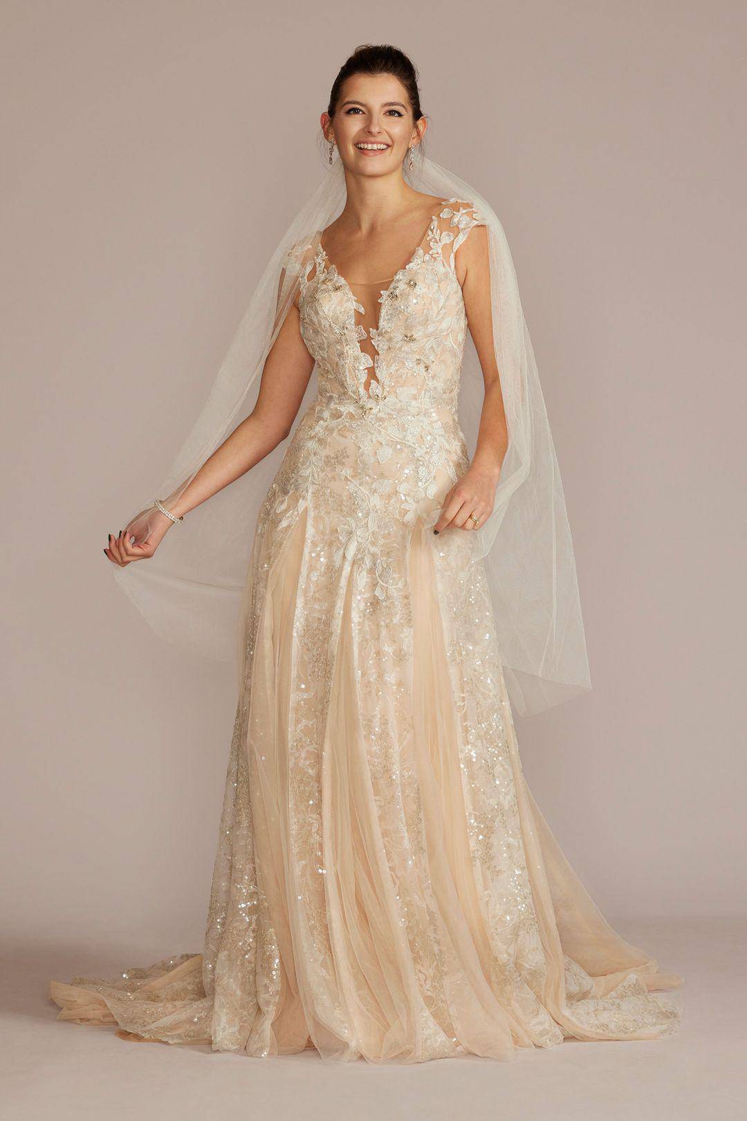 Vestido de novia línea A con aplicaciones florales y escote profundo, MARFIL/CHAMPAGNE, hi-res